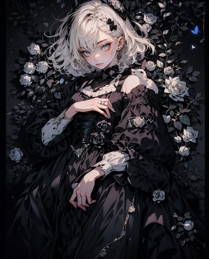 8k, man holding a rabbit, ((white and black rose)), many roses scattered around her, white-glistennig hair, black gothic style dress, moon, embroidery, enchanting forest, fireflies, , white-dress, day, beautiful aesthetic dress, sweet looking, midjourney, close-up, niji