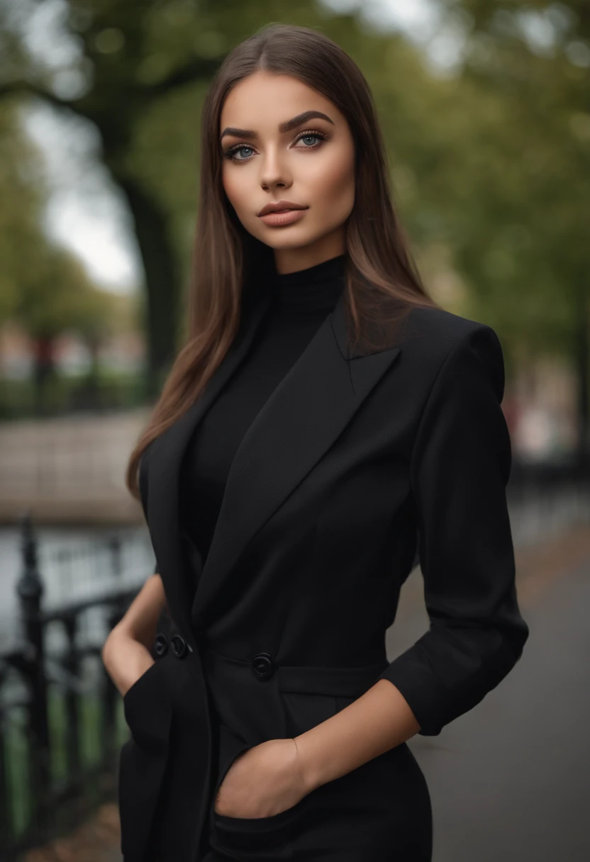 Latino and Swedish Woman, sexy girl with blue eyes, ultra realist, Meticulously detailed, Portrait Sophie Mudd, brown hair and big eyes, selfie of a young woman, London background, black suite, with makeup, natural makeup, looking straight at camera , Face with Artgram, Subtle makeup, Great photo of the whole body the street, in the London, Medium to large bust, in a sexy dress outfit, standing on London park
