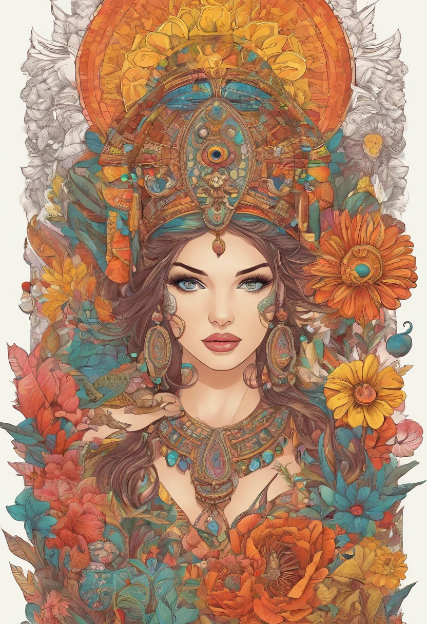 Best quality,Ultra-detailed,Realstic,high resolucion,photoreallistic:1.37,fille,Aztec,beautiful detailed eyes,beautiful detailed lips,extremely detailed eyes and face,longs cils,Coiffe traditionnelle,Colorful patterns,Ornate jewelry,pose dynamique,Sourire radieux,Vibrant colors,Tatouages tribaux,Éventail à plumes,Pinceau fin,Conceptions complexes,The lumière du soleil coule à travers les arbres,mysterious atmosphere,texture riche des tissus,Expression ludique,the beautiful nature of the model,mise au point nette,paysage de jardin ensoleillé