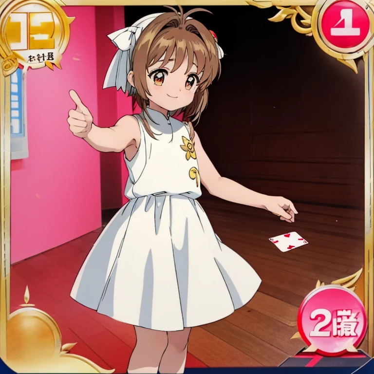 One girl（About 14 years old）、Brown hair、Pure white feather-like knee-length dress、the dress is sleeveless、kinomoto sakura、I&#39;m happy to show you my card、a smile、Bright background、天空、put your hand on your cheek