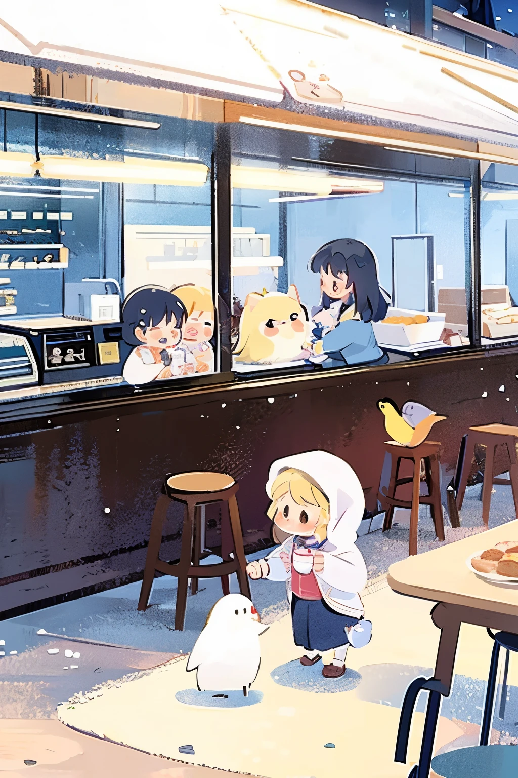 Best quality at best, detailedbackground, girl,Mare, Cafeteria, The bird, yuki, Winters,