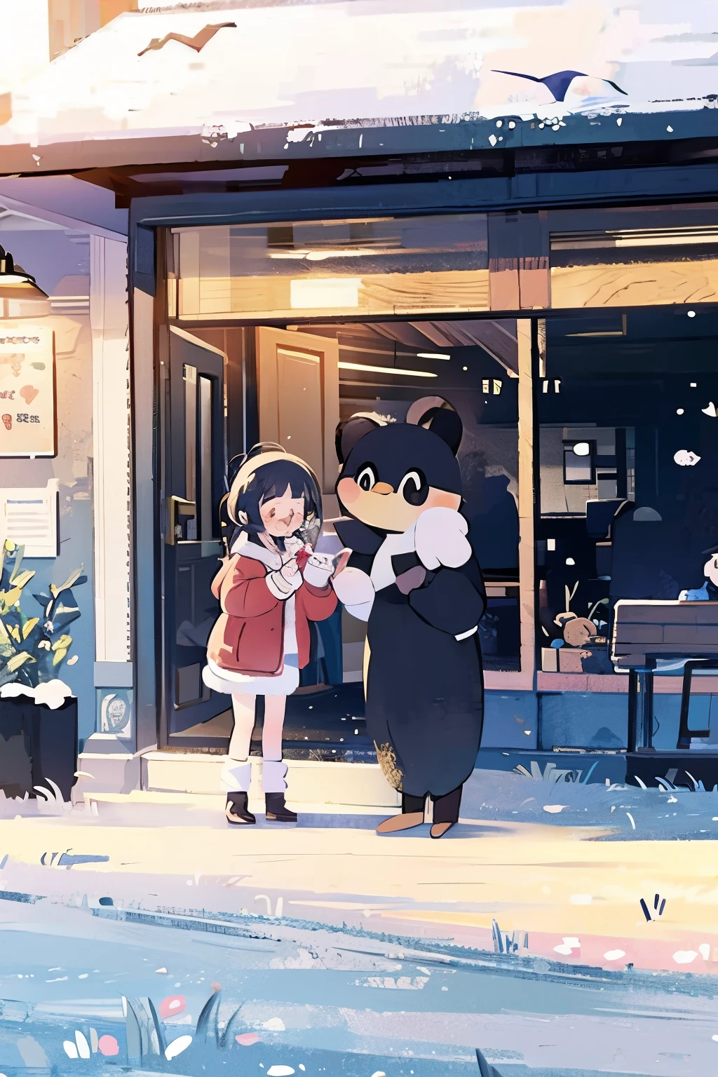 Best quality at best, detailedbackground, girl,Mare, Cafeteria, The bird, yuki, Winters,