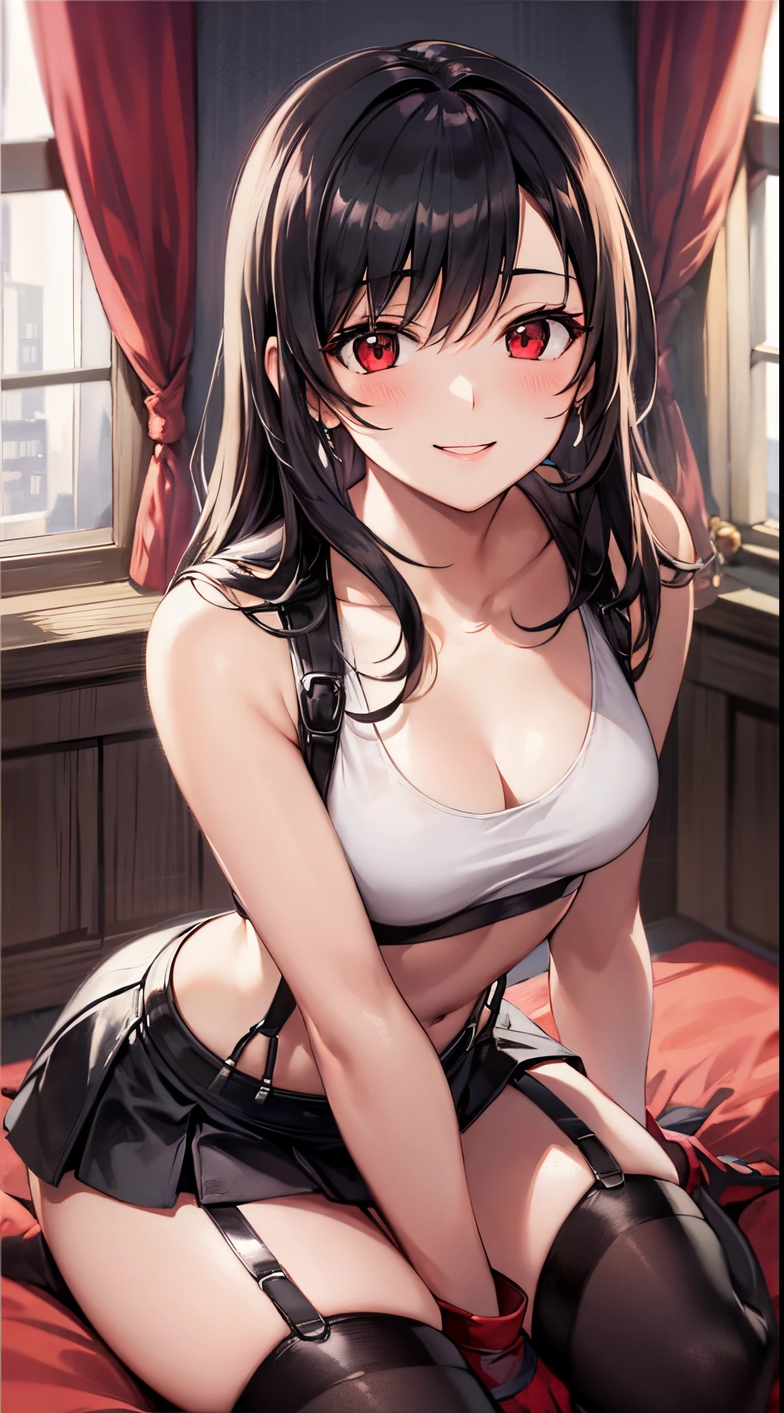 tifa ff7, 1girl, solo, looking at viewer, blush, sitting, on bed, wariza, seductive smile, white tank top, black skirt, suspender skirt, midriff, black thighhighs, red gloves, bra, zettai ryouiki, bent over, head tilt, small breasts
