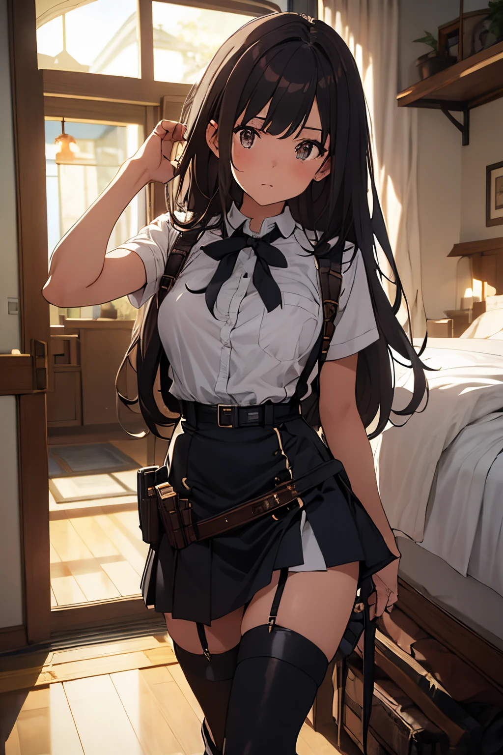 masterpiece、flat-colors、depth of fields、lens flare 1 girl、、Brown hair、watching at viewers black suspenders Bulging big breasts walls: Black miniskirt garters Gaze Small face bangss holster Belt Armament Beautuful Women srestrained hands up Lying in bed Leg holster lying on the bed Gaze black boots panty shot