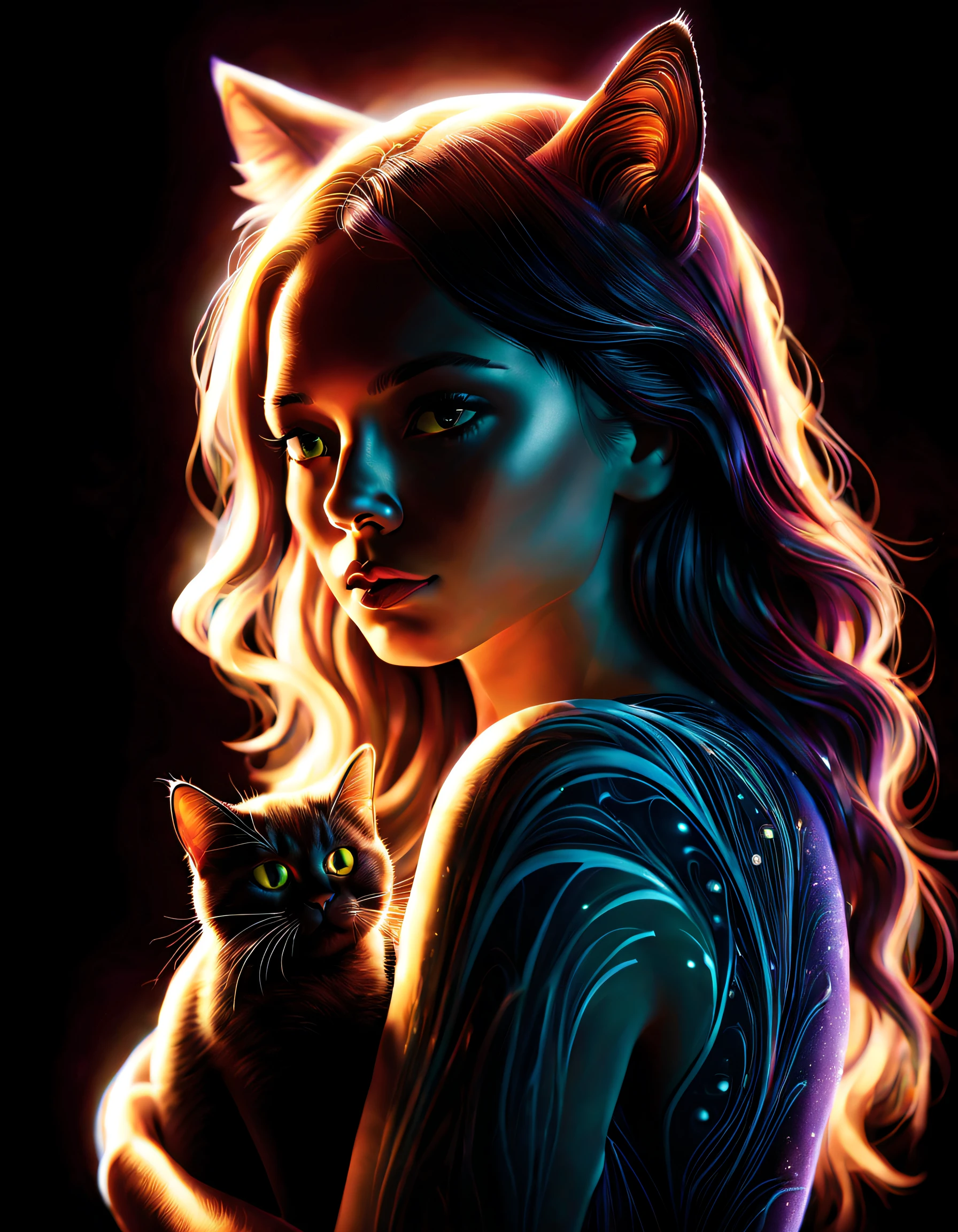 Black light art ，with black background，（woman and cat）, Natalie Shaw