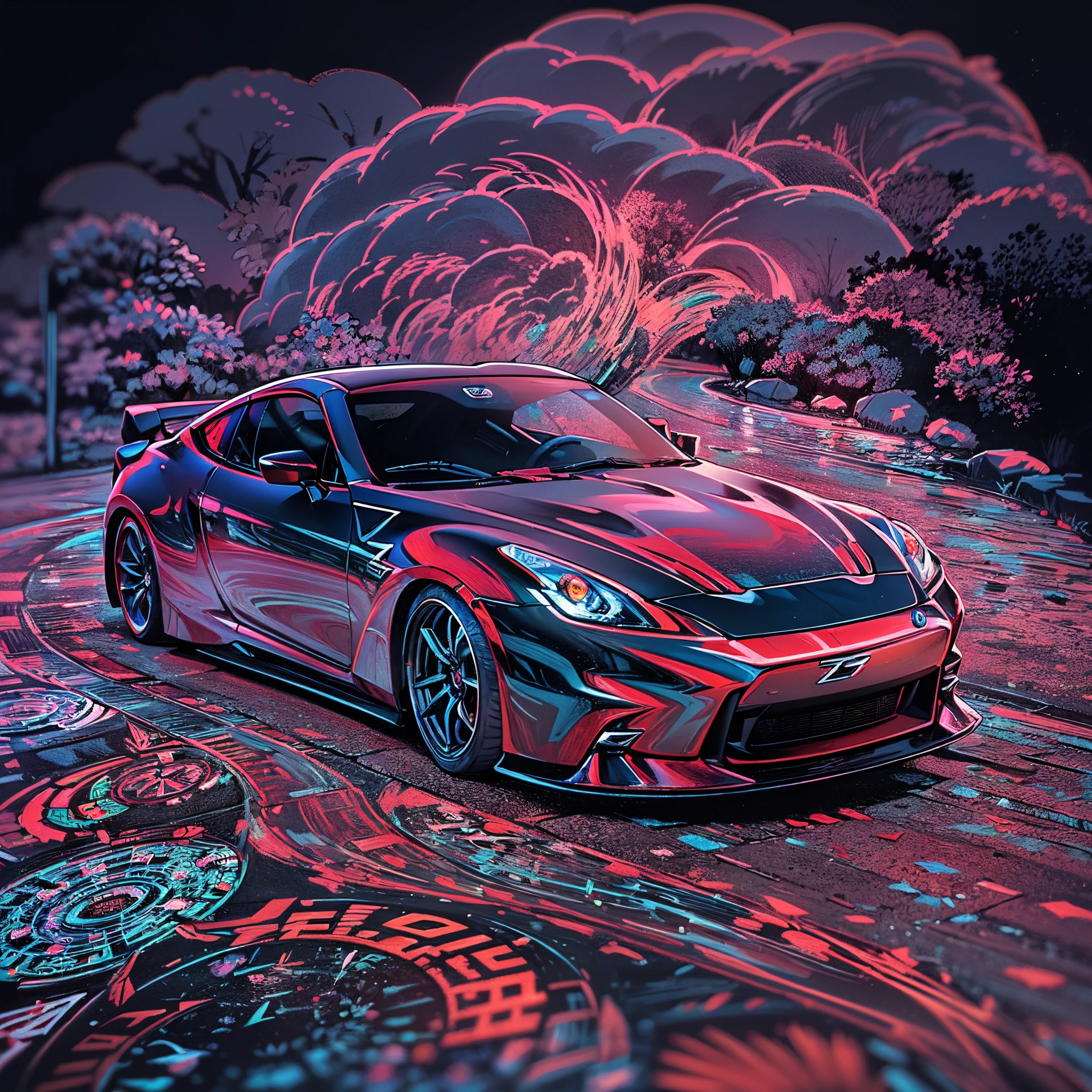 (Best Quality), (Black Light Art), (psychedelic trance), (((nissan fairladyz))), (drawing with colorful light) High quality, black landscape, Flowing light, Professional Lighting, Photon mapping, Physically Based Rendering,