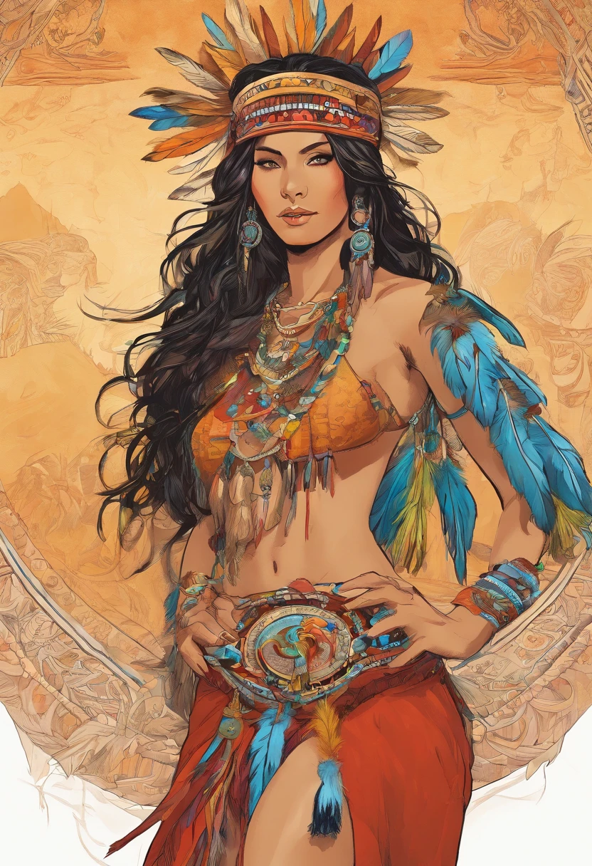 Native American beauty in dance poses, Luxurious leather ponchos embroidered with intricate embroidery, Tulle qui coule, Ornements de cheveux de plumes, Bonnet de guerre, tatouage, peau brune, bijoux indiens, Native American model, Ubert transparent and colored on the arms, Rubans nombrils, shoulders, cou, Arm ring ribbons, couronnes, Bracelets, Cheville, Metal chain tassel around the waist, Sun God background, ink wash, CGSTATION populaire, Masterpiece, Recent quality, High-resolution details, 32K