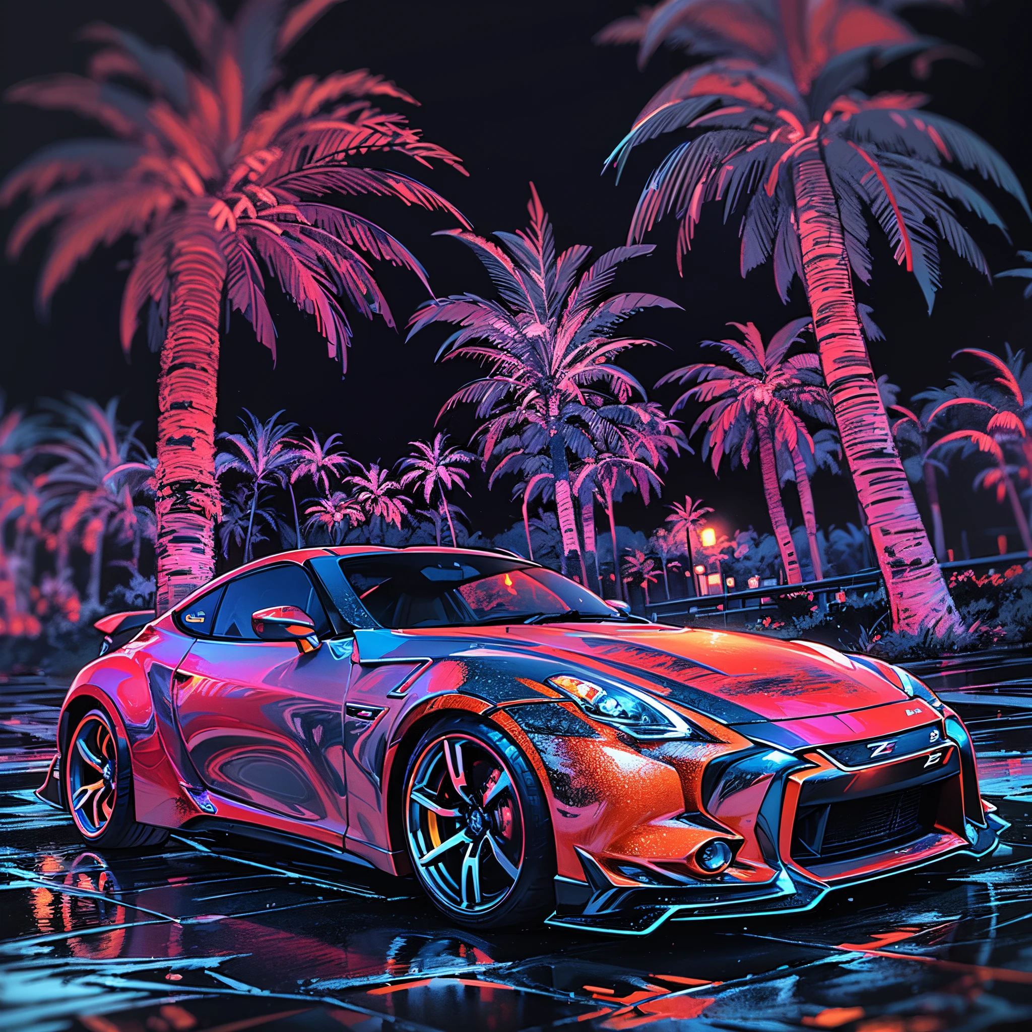 (Best Quality), (Black Light Art), (psychedelic trance), (((nissan fairladyz))), (drawing with colorful light) High quality, black landscape, Flowing light, Professional Lighting, Photon mapping, Physically Based Rendering,