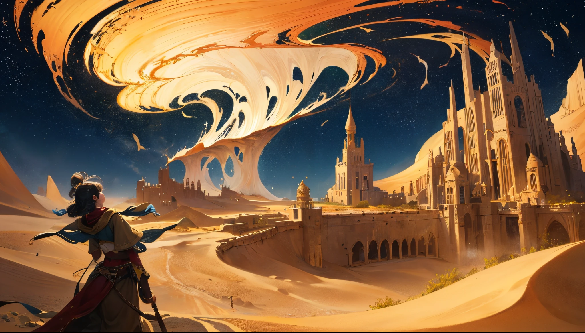 desert fantasy,The Mystery of Loulan。The cover is desert themed,Sand dunes rise and fall like waves,twinkling stars in night sky。The ancient buildings of Loulan are looming in the sea of sand,filled with mysterious atmosphere