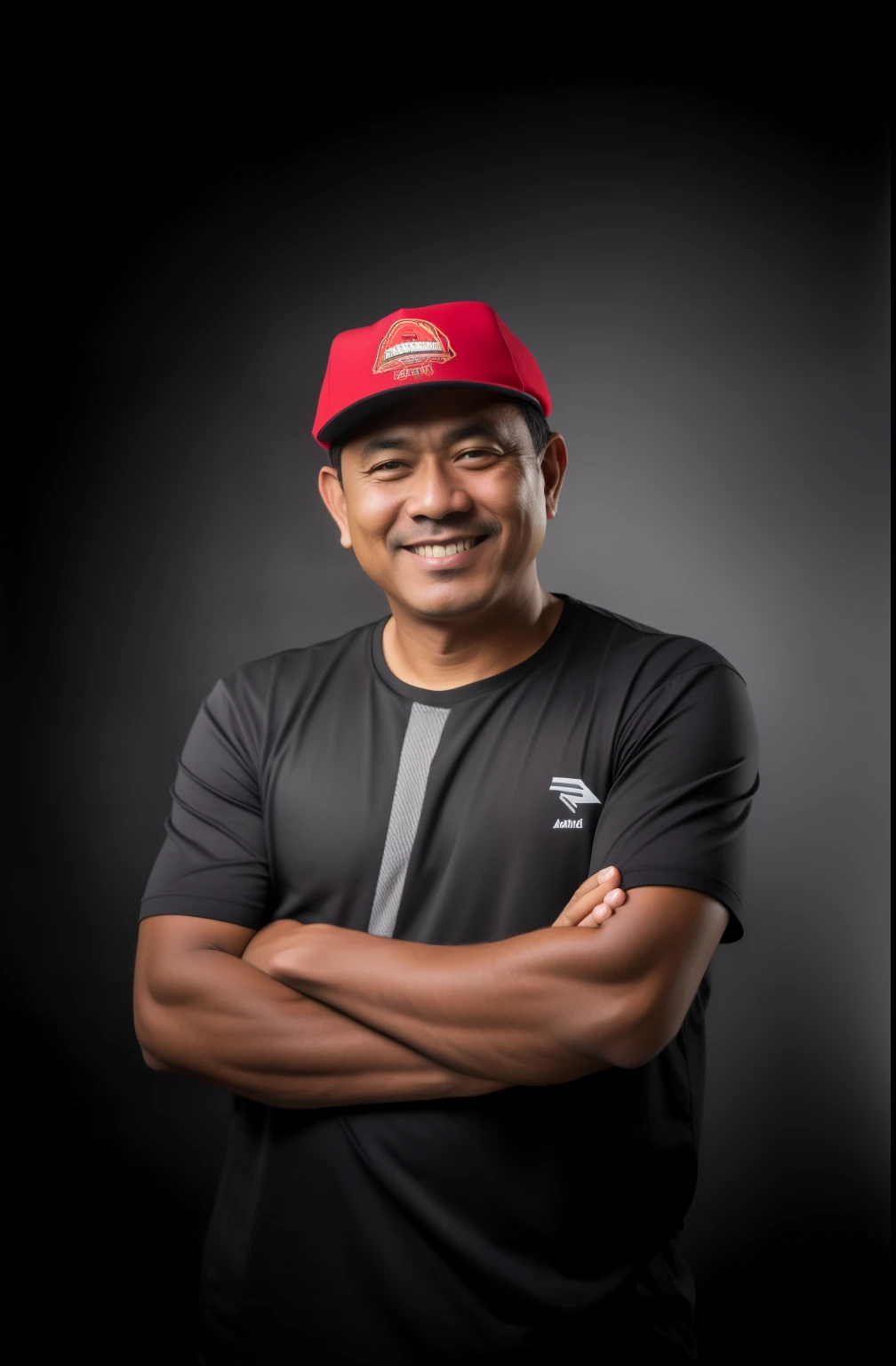 arafed man in a red hat and black shirt with his arms crossed, andy worhol, inspired by Rudy Siswanto, by Basuki Abdullah, ramil sunga, inspired by Eddie Mendoza, john jude palencar, full protrait, headshot photo, profesional photo, taken with canon 5d mk4, mid shot portrait