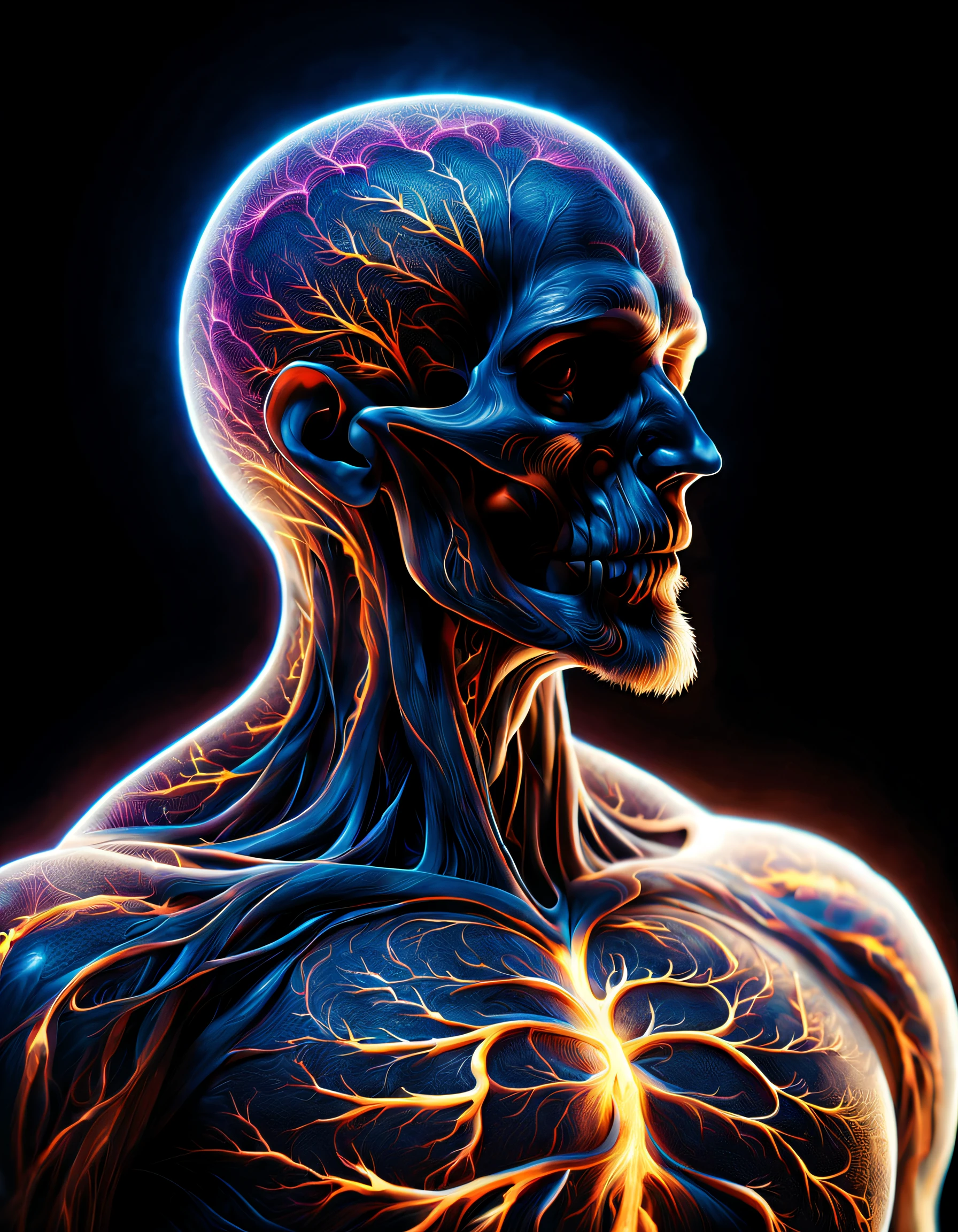 Black light art ，with black background，（One guy）, The style of Andreas Vesalius, character concept design, A half body