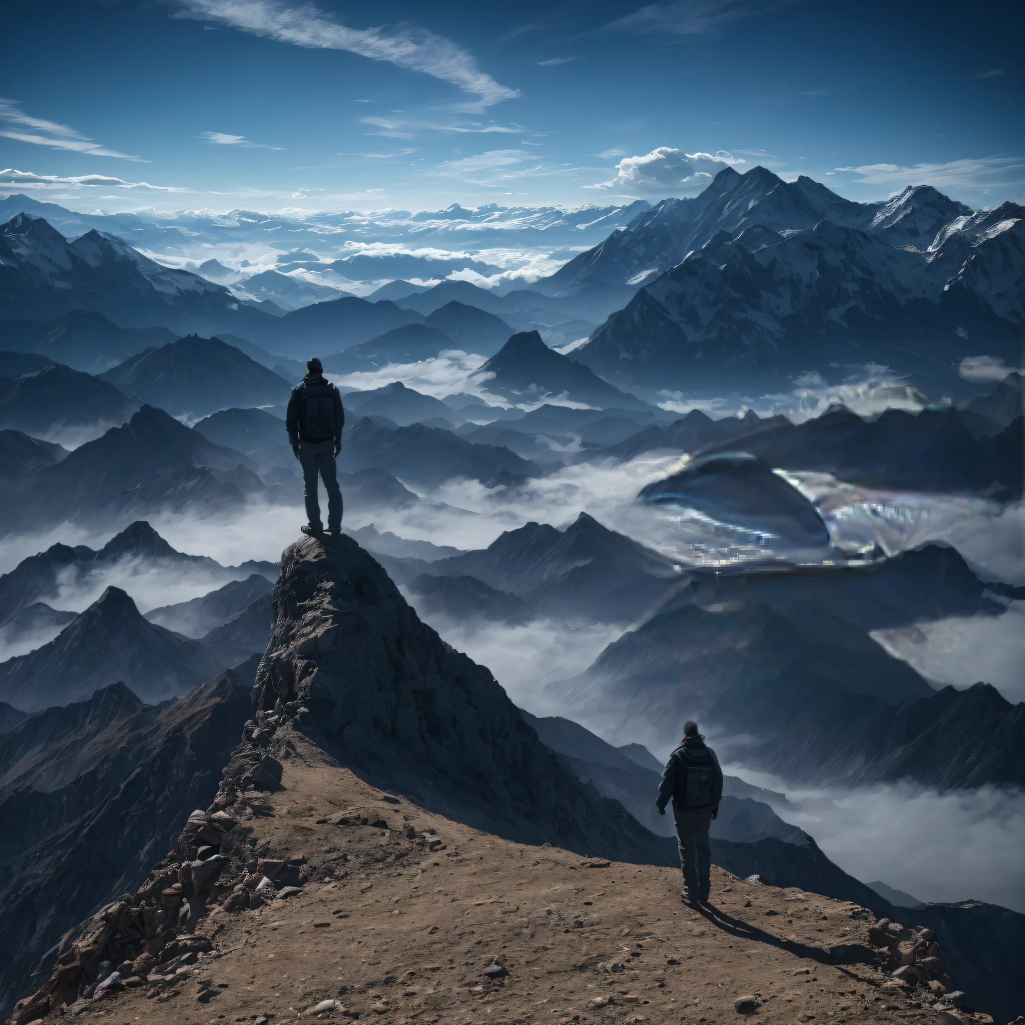 A man standing on the highest peak of the mountain，look up at the sky。Looks incredibly eerie and mysterious in high-resolution 4K images, Under the illumination of movie lights.