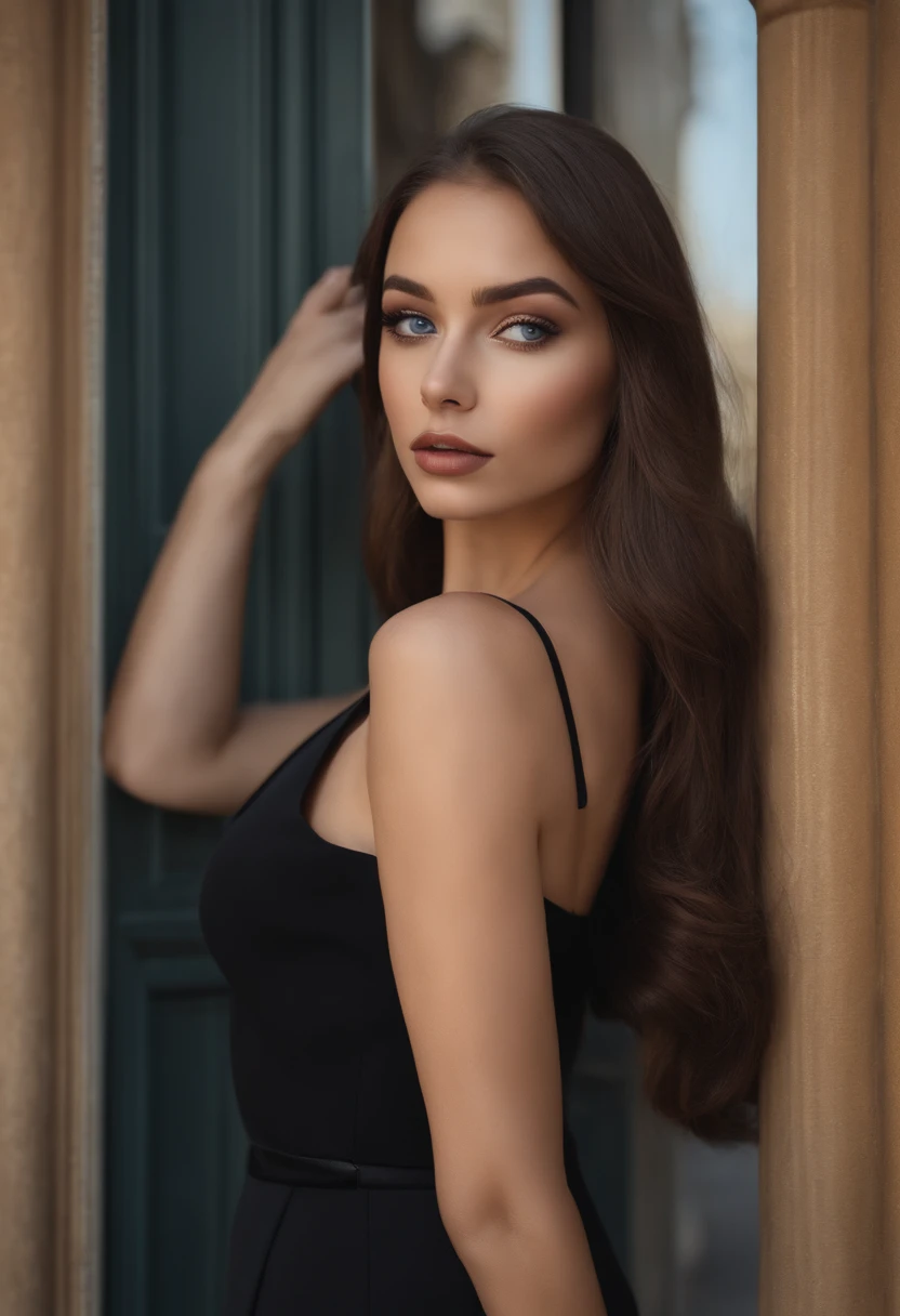 Latino and Swedish Woman, sexy girl with blue eyes, ultra realist, Meticulously detailed, Portrait Sophie Mudd, brown hair and big eyes, selfie of a young woman, London background, black suite, with makeup, natural makeup, looking straight at camera , Face with Artgram, Subtle makeup, Great photo of the whole body the street, in the London, Medium to large bust, in a sexy dress outfit, standing on London park