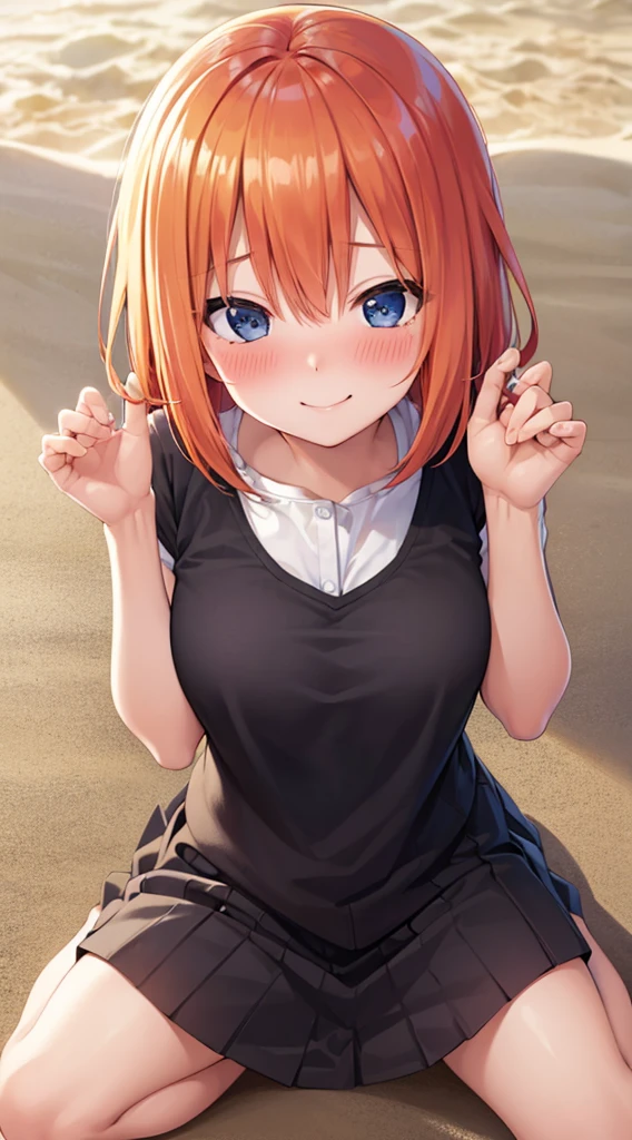 (Best Quality:1.3), Nakano Yotsuba, Orange Shorthair, hair between eye, ,Smiling, busty, Beach, Kneeling, (From above), (Blushing:1.3)