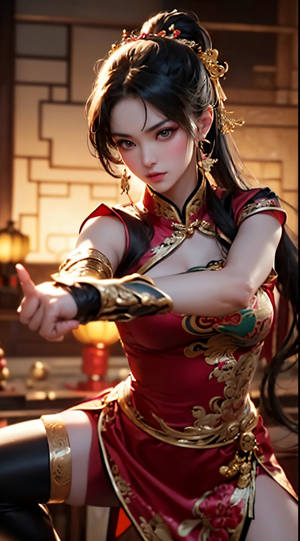(Top image quality、 top-quality、Detailed picture、8K、Luster)、(A MILF、Martial arts、chineseidol、qipao dress、Sexy costume)、(sexy pose、Erotic face、fascination pose、Seduction Pose)、(Slim body covered in jewels)、Combat stance、martial arts techniques、kick、Spinning kick、Fantastical、Mystical
