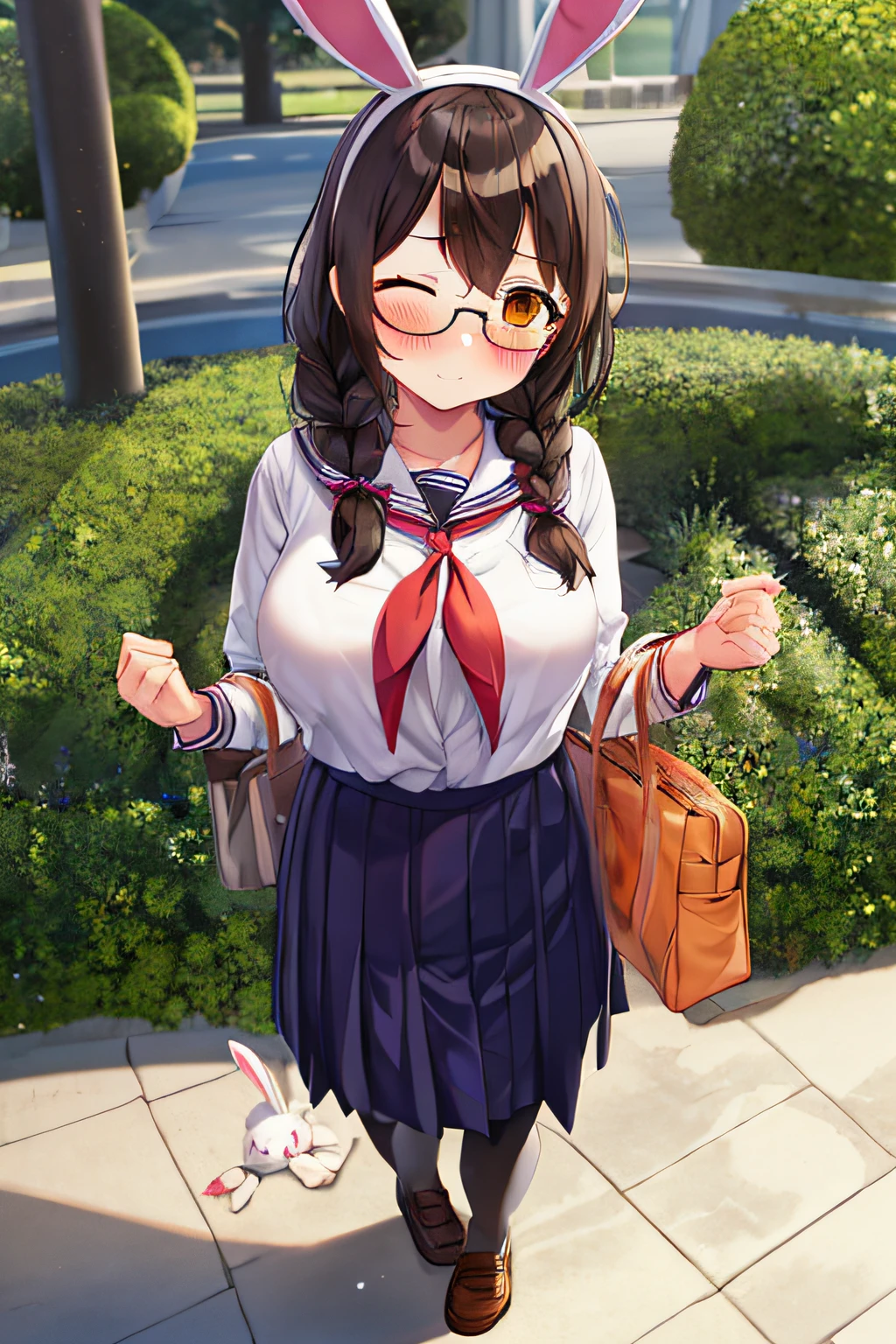 full body girl, cabello trenzado, brown hair, ojos naranjas, pechos grandes, gafas, diadema de conejito morado, Uniforme escolar blanco, un ojo cerrado, bashful, sonrojarse, avergonzado, muslos negros, zapatos negros, La mejor calidad