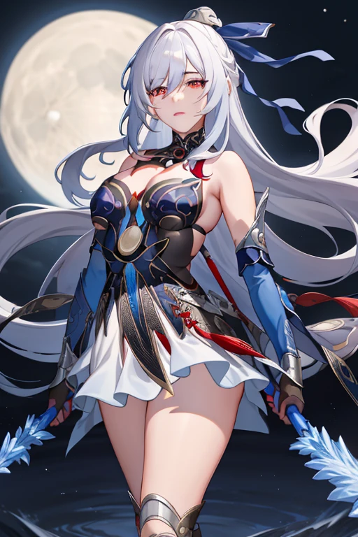 tmasterpiece, Best quality, Jingliu V5, 1 busty girl, Alone, looking at viewert, red eyes, mitts, a skirt, fail, exposed bare shoulders, close your mouth, arma, boots, sky sky, Black gloves, The sword, holdingweapon, natta, holdingsword, themoon, nigh sky, moon full,