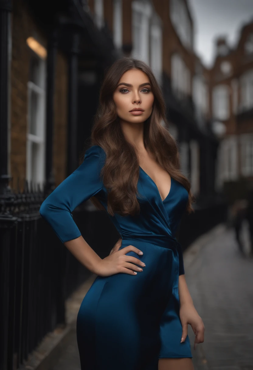 Latino and Swedish Woman, sexy girl with blue eyes, ultra realist, Meticulously detailed, Portrait Sophie Mudd, brown hair and big eyes, selfie of a young woman, London background, black suite, with makeup, natural makeup, looking straight at camera , Face with Artgram, Subtle makeup, Great photo of the whole body the street, in the London, Medium to large bust, in a sexy dress outfit, standing on London parkbeach