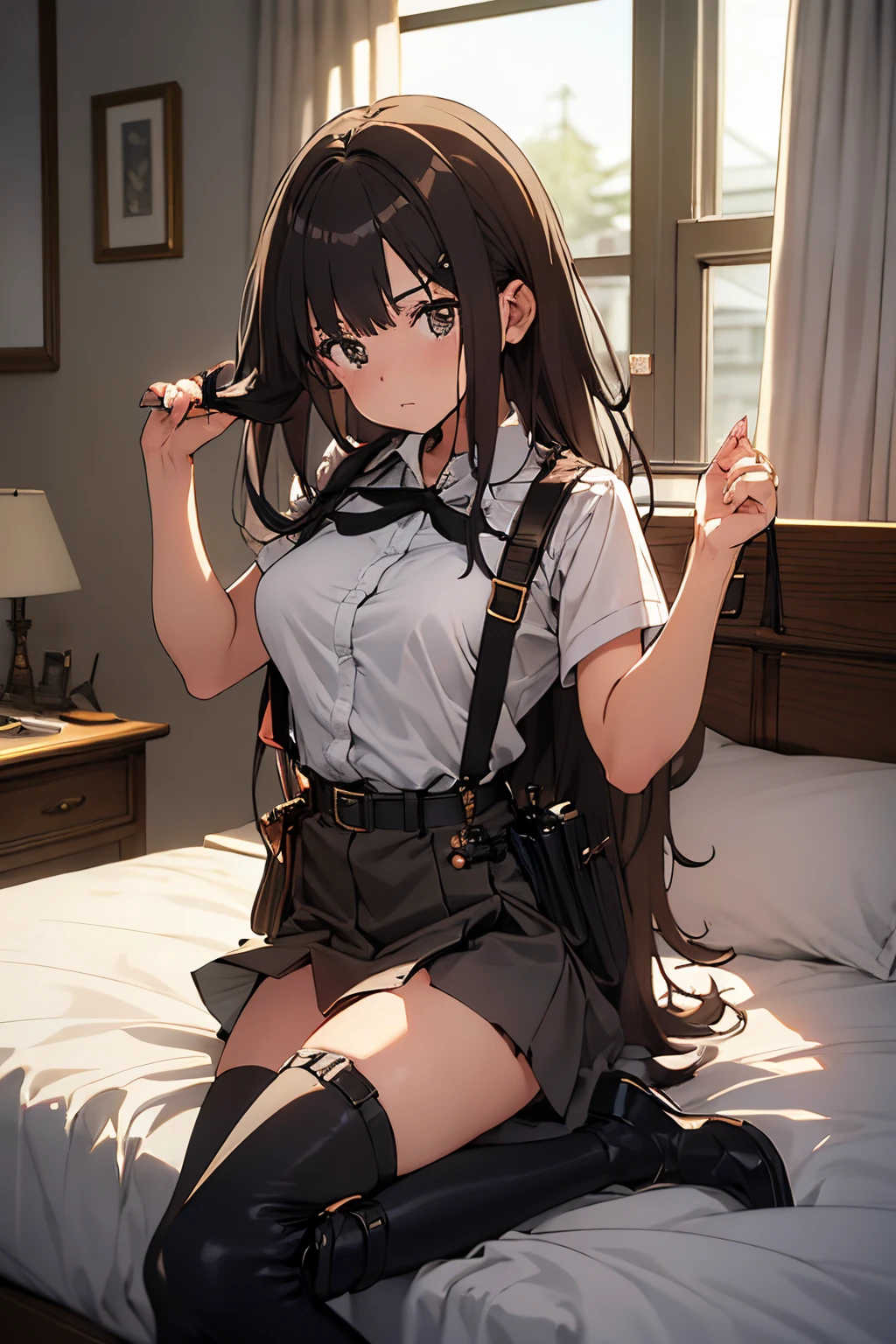 masterpiece、flat-colors、depth of fields、lens flare 1 girl、、Brown hair、watching at viewers black suspenders Bulging big breasts walls: Black miniskirt garters Gaze Small face bangss holster Belt Armament Beautuful Women srestrained hands up Lying in bed Leg holster lying on the bed Gaze black boots panty shot