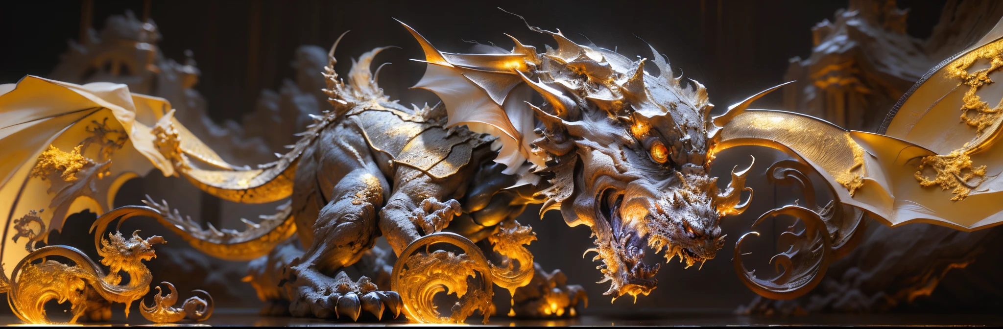 there are two images of a dragon with a golden tail, substance 3D artist, 3D substance artist, Trending in CGsociety, Popular on Zbrush, Digital sculpture, ZBrUSH Central, cgsociety!, CGsociety Trends, featured on zbrush central, Substance Painter 3D, 3D sculpture with 8 K octane rating, zBrush Art, Sculpted dragon features Close up of dragon statue on dirty ground, Dragon with scars, Smooth Chinese Dragon, highly detailed creature, Ancient creature, detailed dragon, Sculptural dragon features, Ancient creature, detailed creature, dragon, jormungandr, dragon art, China Dragon, loong, very detailed and sharp, dragon, Very detailed and sharp, basilisk