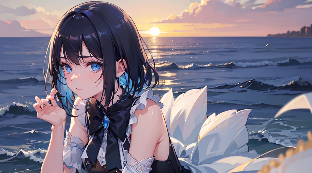 Cute woman under drizzle, (Elegant, Nice face), Transparent black high school uniform, beach under sunset, (freckle:0.8), pay, , Blue flowing hair, magical ambiance, (Short hair details), ((delicate skin, skin texture)), ultra - detailed, (intricately details, Detailed pubic hair, the ultra-detailed), Ray traching, sub surface scattering, (fantasy underworld in the background), Diffuse soft light, shallowdepthoffield, pasado (Oliver Waite), Sharp focus bokeh, (Realistic photo quality:1.4), Bright blue eyes, The face is red