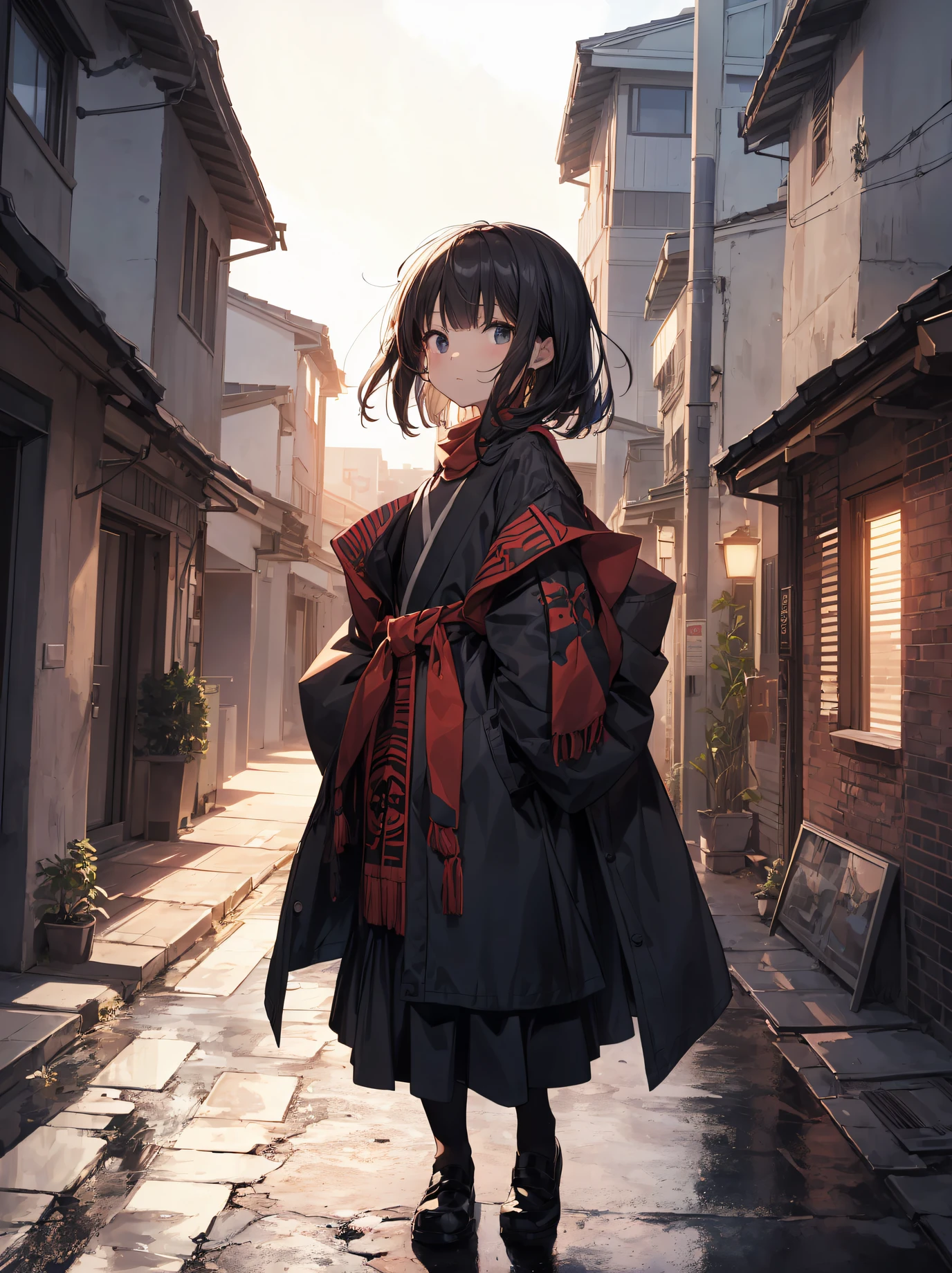 What is a ninja?、... It's cool and... quick.！The era is Edo...。divine quality,  anime moe art style,pixiv grand prize,Best Anime 8K Konachan Wallpapers,Badass Anime 8K,Perfect Anatomy, (Please draw a picture of a ninja girl looking down on the city of Edo from the roof of her house..)From diagonally above,Dutch Angle,BREAK, 1 The girl is a ninja, (Solo,Lori,child,12year old:1.3), Androgynous attraction, (Very short hair, Blunt bangs), Full limbs, complete fingers,flat chest, Small butt, groin, Finely detailed 8K beautiful black eyes, 
Ninja costume, sash, Shorts, Ninja scarf fluttering in the wind, Stand on the roof of the house. BREAK, i have a mission.。Sasasasa...。Ultra-detailed,High resolution,super detailed skin, Professional Lighting, (cool illustration:1.2),