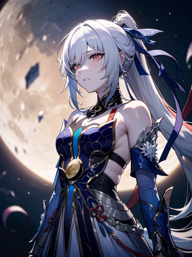 (tmasterpiece:1.2), (pale-skinned:1.2), (Alone:1.2), (femele:1.1), (emphasis lines:1.3), pony tails, White hair, long whitr hair, Black pants, exposed bare shoulders, Outdoor activities, themoon
