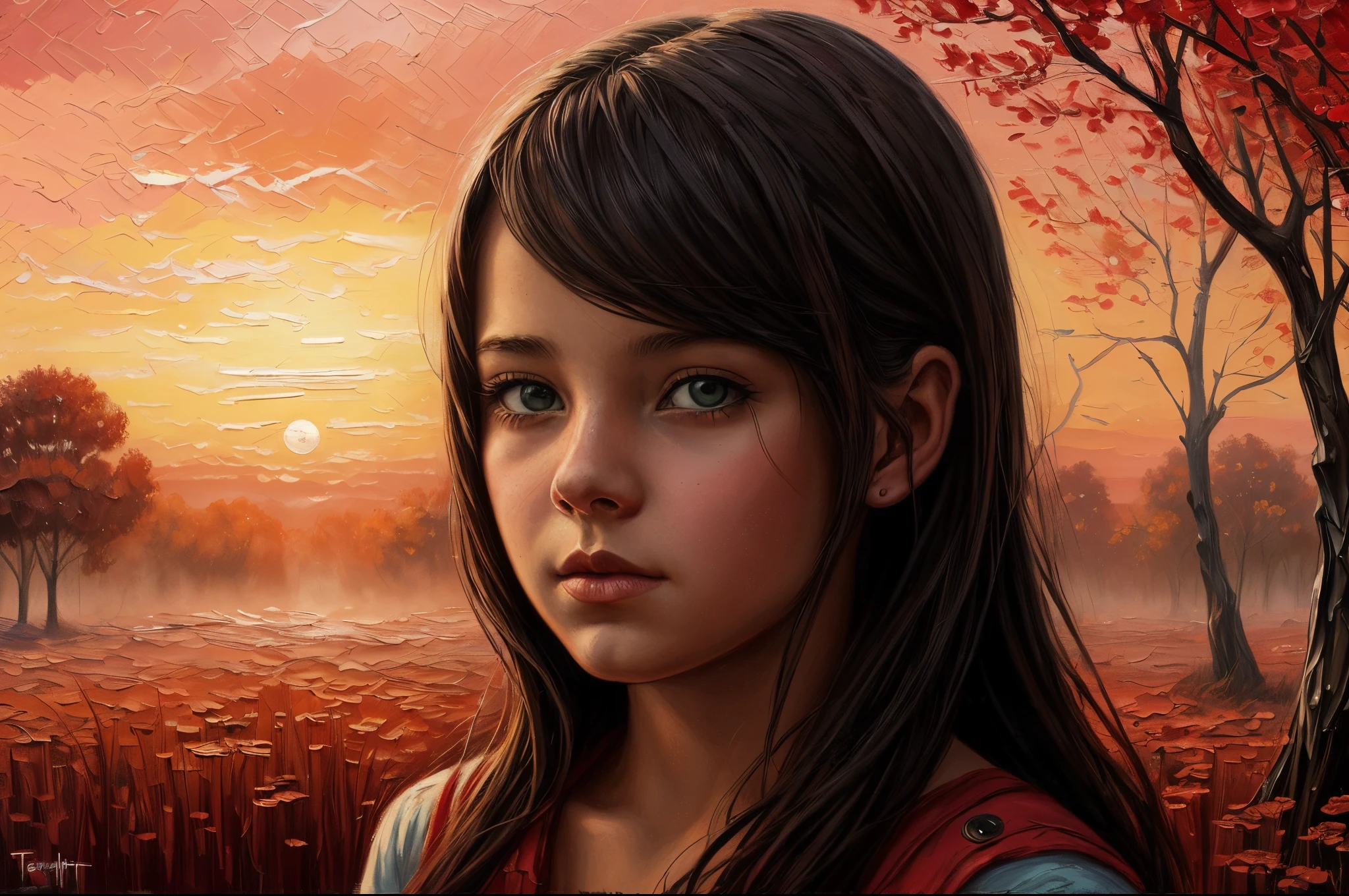 (portraite of a: 1 Cute young girl in the style of Ben Templesmith), [Background: scenery (in the scarlet sunset)  in the style of Claude Monet], mist, protogen, very colorful, ((Palette / oil painted)), ((tmasterpiece)),Impression ,extreme hight detail, perspective, 8K