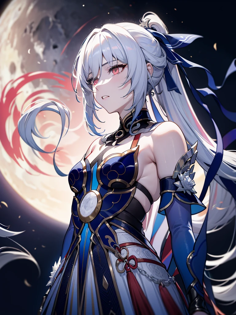 (tmasterpiece:1.2), (pale-skinned:1.2), (Alone:1.2), (femele:1.1), (emphasis lines:1.3), pony tails, White hair, long whitr hair, Black pants, exposed bare shoulders, Outdoor activities, themoon