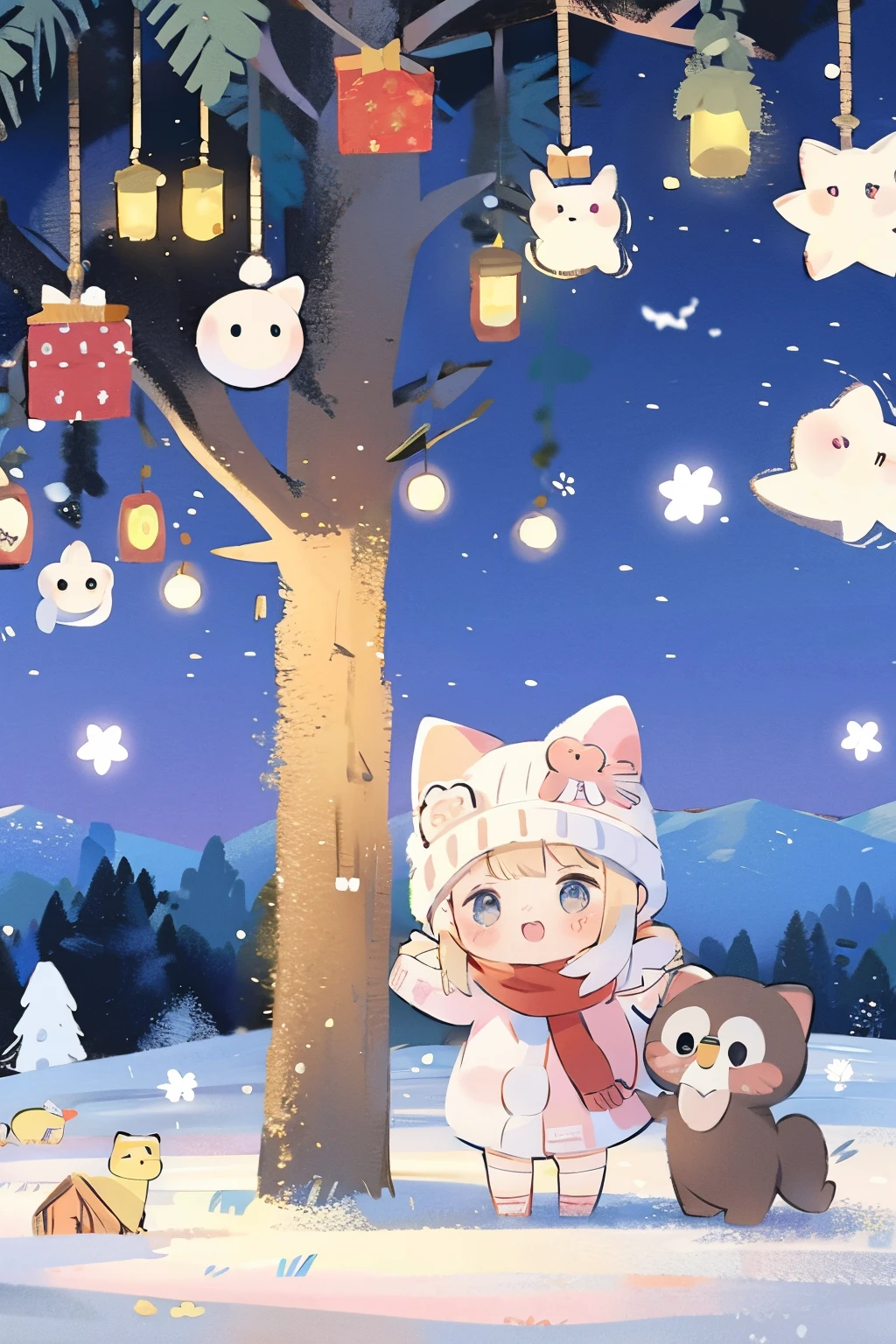 catss, girl, Winters, snowflower, christmas tree