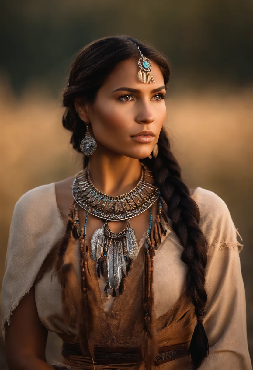 Photographie de portrait de Marie Avgeroupolus in the role of Pocahontas, Beautiful young Native American woman, Perfect symmetrical face, Indigenous feather jewelry, Traditional handmade dress, warrior hunter armed, (((Far West))) environnement, Utah landscape, ultra realist, Art conceptuel, elegant, ((complexe)), ((highly detailed)), profondeur de champ, ((Professionally graduated color)), soft ambient lighting, twilight, 8k, Art par Artgerm et Greg Rutkowski et Alphonse Mucha