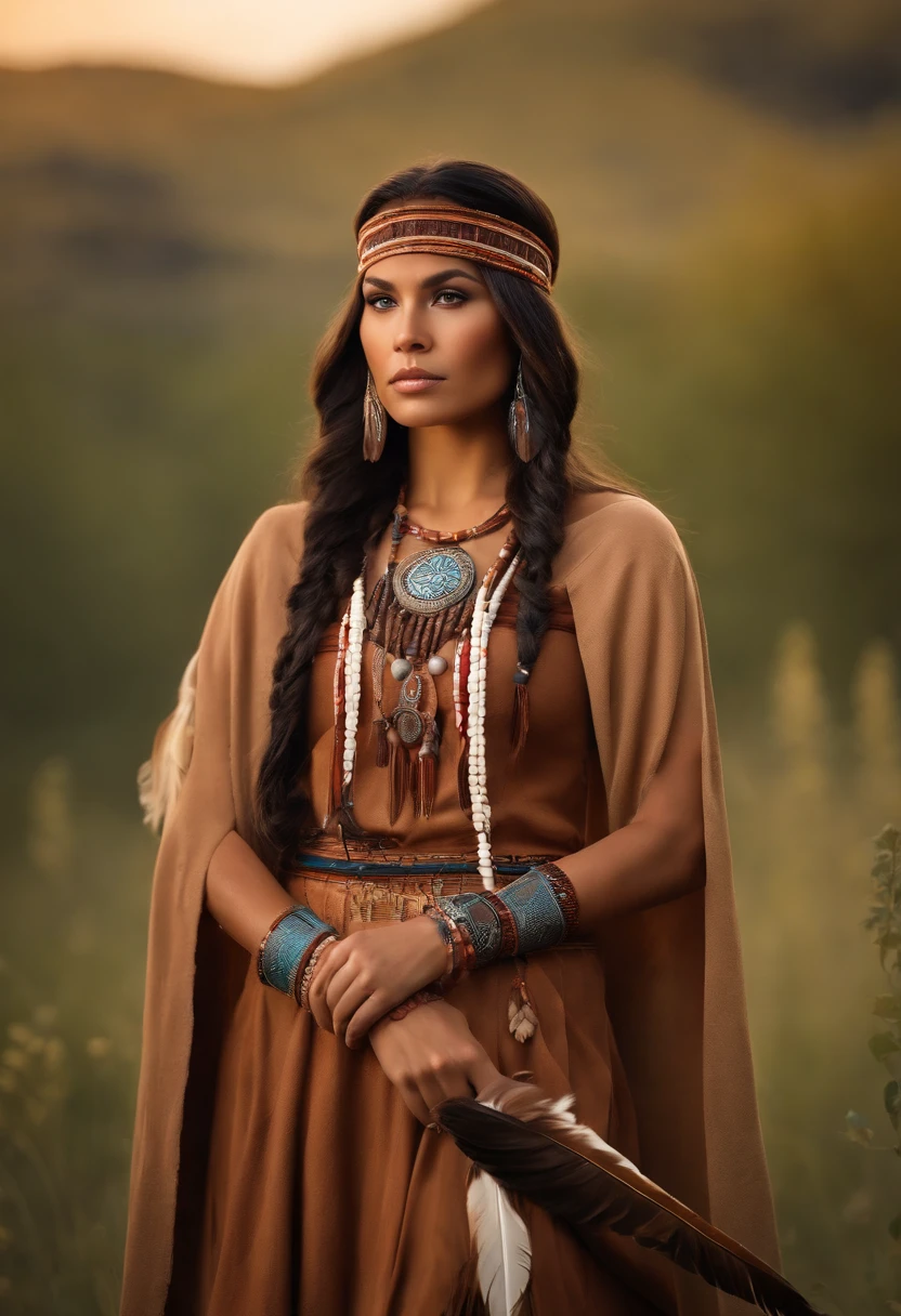 Photographie de portrait de Marie Avgeroupolus in the role of Pocahontas, Beautiful young Native American woman, Perfect symmetrical face, Indigenous feather jewelry, Traditional handmade dress, warrior hunter armed, (((Far West))) environnement, Utah landscape, ultra realist, Art conceptuel, elegant, ((complexe)), ((highly detailed)), profondeur de champ, ((Professionally graduated color)), soft ambient lighting, twilight, 8k, Art par Artgerm et Greg Rutkowski et Alphonse Mucha