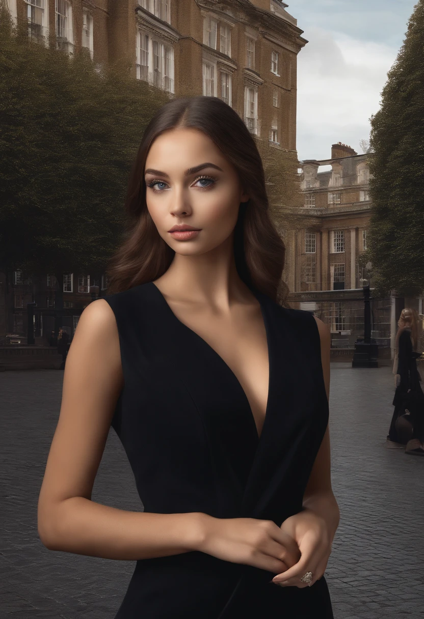 Latino and Swedish Woman, sexy girl with blue eyes, ultra realist, Meticulously detailed, Portrait Sophie Mudd, brown hair and big eyes, selfie of a young woman, London background, black suite, with makeup, natural makeup, looking straight at camera , Face with Artgram, Subtle makeup, Great photo of the whole body the street, in the London, Medium to large bust, in a sexy dress outfit, standing on London park