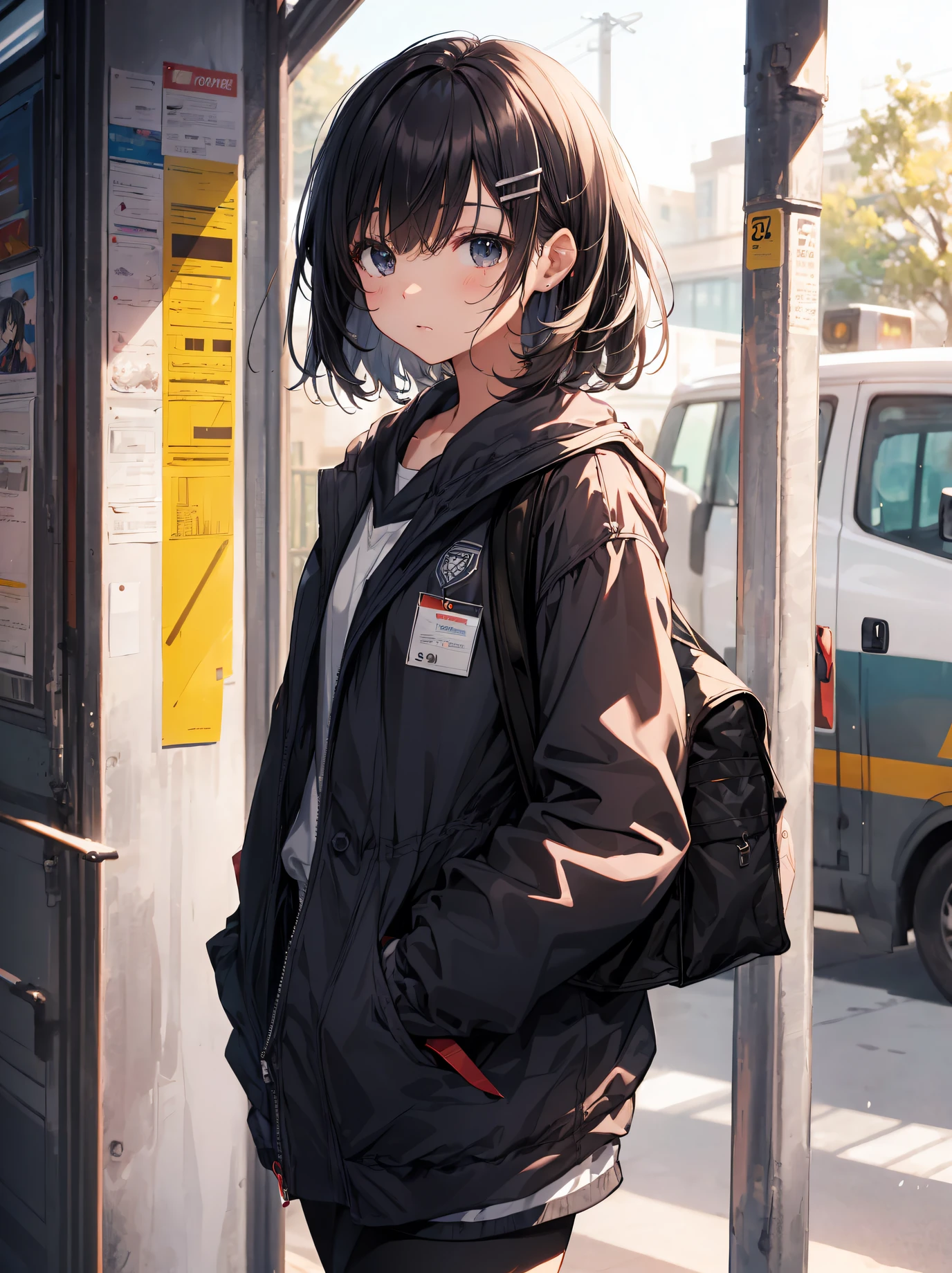 divine quality, anime moe art style,Best Anime 8K Konachan Wallpapers,pixiv grand prize,Perfect Anatomy, (Draw a girl sleepily walking to school. ),BREAK, 1girl in, (Solo,Lori,,13yea:1.3),High school students, Very short hair,Parted bangs,(Hair over one eye:1.2), Full limbs, complete fingers,medium breasts, groin, Small eyes,Precise black eyes, hair clips, School uniform, On the way to school. BREAK,Ultra-detailed,High resolution,super detailed skin, Professional Lighting,8k eye details, (Cute illustration:1.2),
