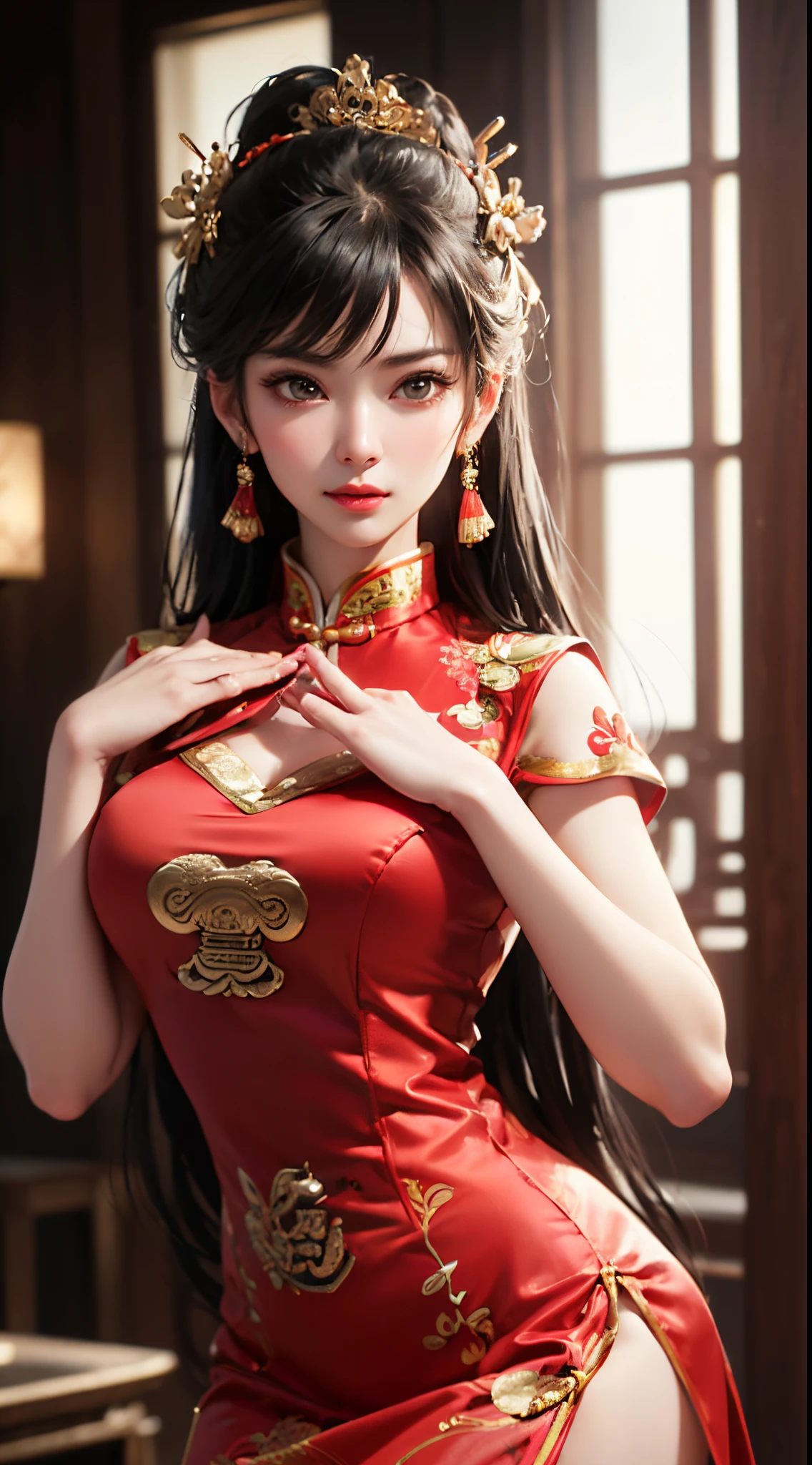 (Top image quality、 top-quality、Detailed picture、8K、Luster)、(A MILF、Martial arts、chineseidol、qipao dress、Sexy costume)、(sexy pose、Erotic face、fascination pose、Seduction Pose)、(Slim body covered in jewels)、heartbreaking、Martial arts posture、Fantastical、Mystical