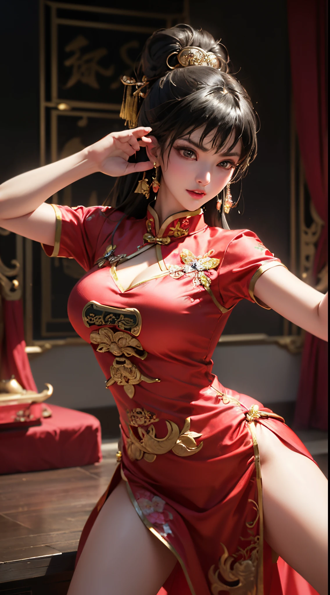 (Top image quality、 top-quality、Detailed picture、8K、Luster)、(A MILF、Martial arts、chineseidol、qipao dress、Sexy costume)、(sexy pose、Erotic face、fascination pose、Seduction Pose)、(Slim body covered in jewels)、Combat stance、martial arts techniques、Martial arts posture、kick、Spinning kick、Fantastical、Mystical