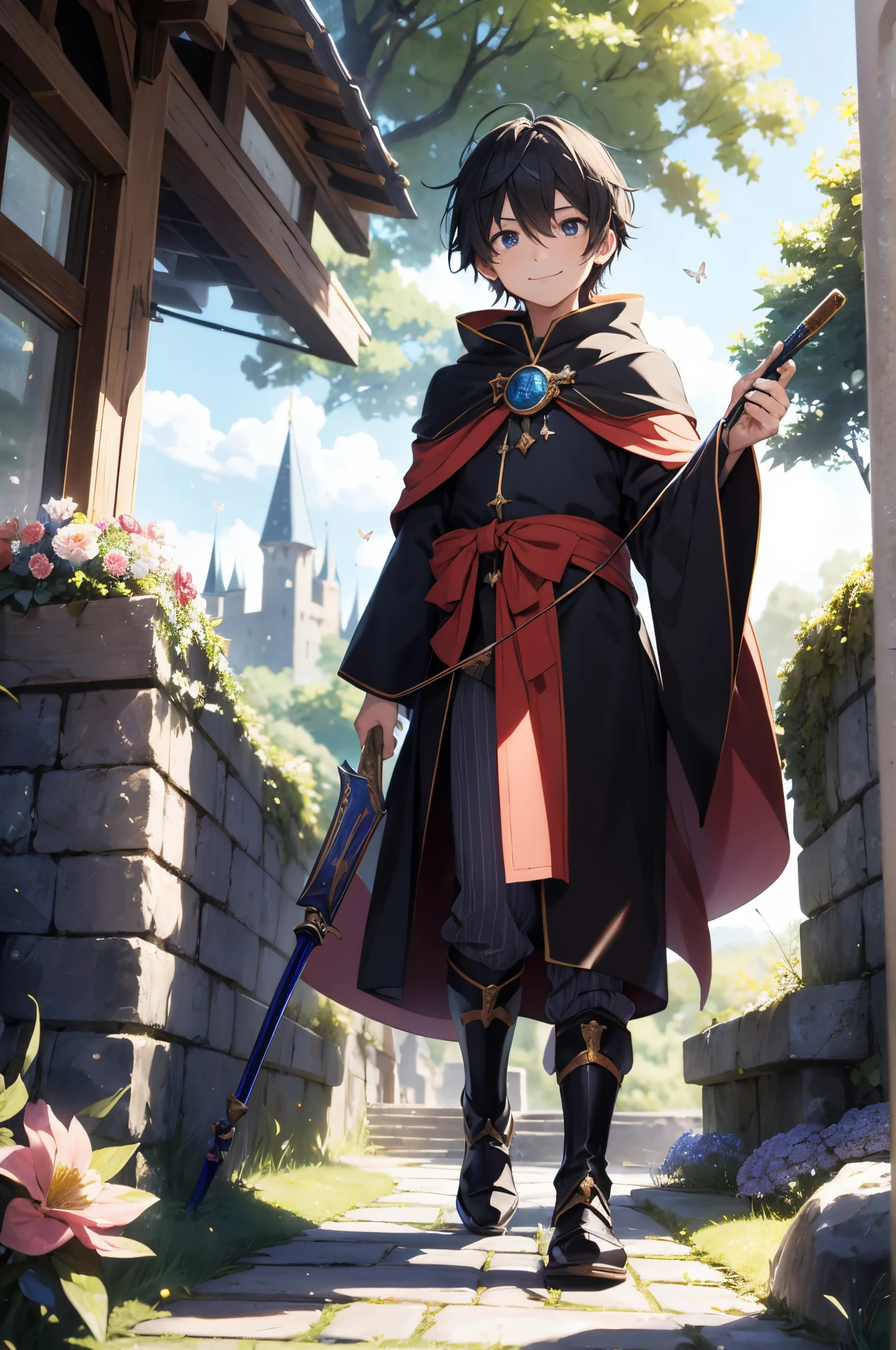 imagine: 13-year-old boy in shiny wizard outfit, holding a magic wand and a medieval book, anime style, perfect face and facets, smiling and with a sweet look, walking towards a castle in the sunny forest, colorful flowers blooming, flying butterflies, anime style, spring colors, color --ar 16:9 --upbeta -- s750