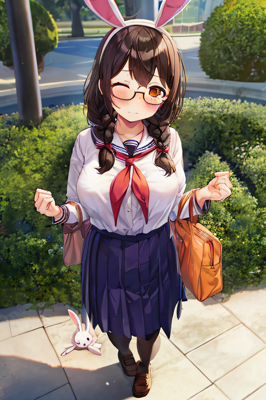 full body girl, cabello trenzado, brown hair, ojos naranjas, pechos grandes, gafas, diadema de conejito morado, Uniforme escolar blanco, un ojo cerrado, bashful, sonrojarse, avergonzado, muslos negros, zapatos negros, La mejor calidad