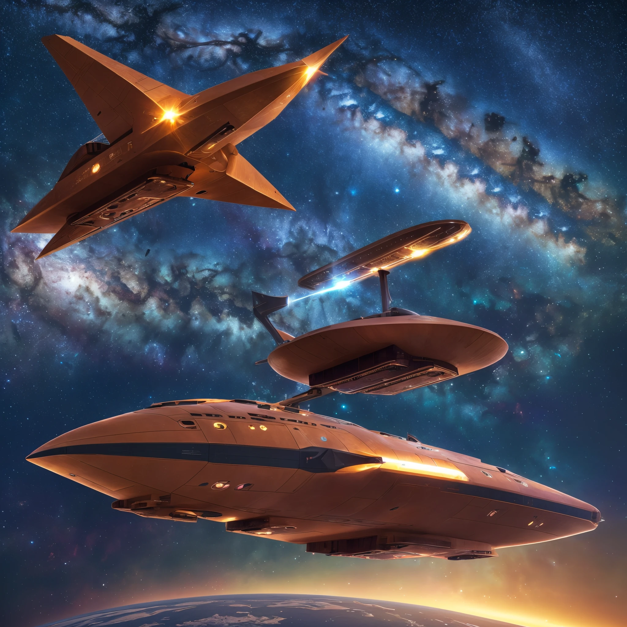 A giant futuristic (Space ship), Copper coloured hull, (long Gigar shape) windows at the front, two engines at the back and two at the front, ((night sky with a nebula and stars background)), two miles long, smooth hull, round edges, (masterpiece:1.2) (photorealistic:1.4) (Floating in space looking down at a planet) all engines full ignited,