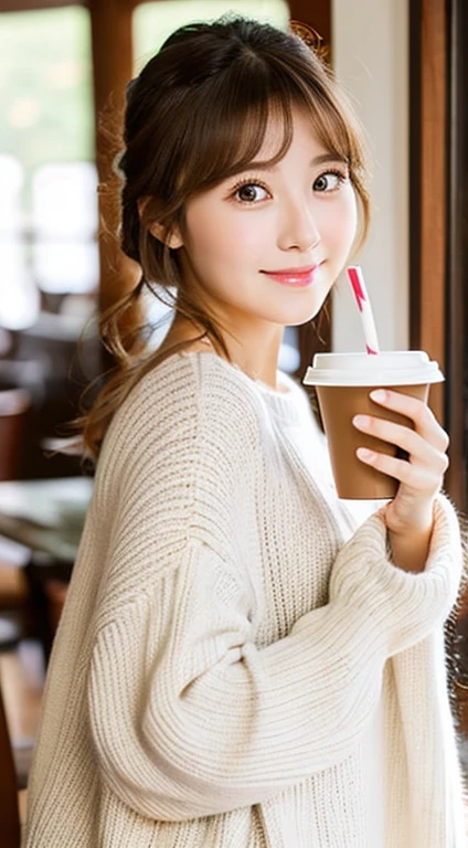Young girl holding coffee cup in hand at dining room, wearing a white sweater, Young cute face, Beautiful Japan girl face, brown hair and large eyes,