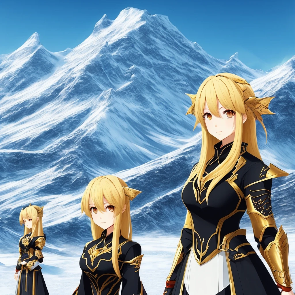 (3heads:1.5) dragon girl, golden hair, black dress, genshin impact influence lighting ability serious, armor, breasts snowy mountains in background