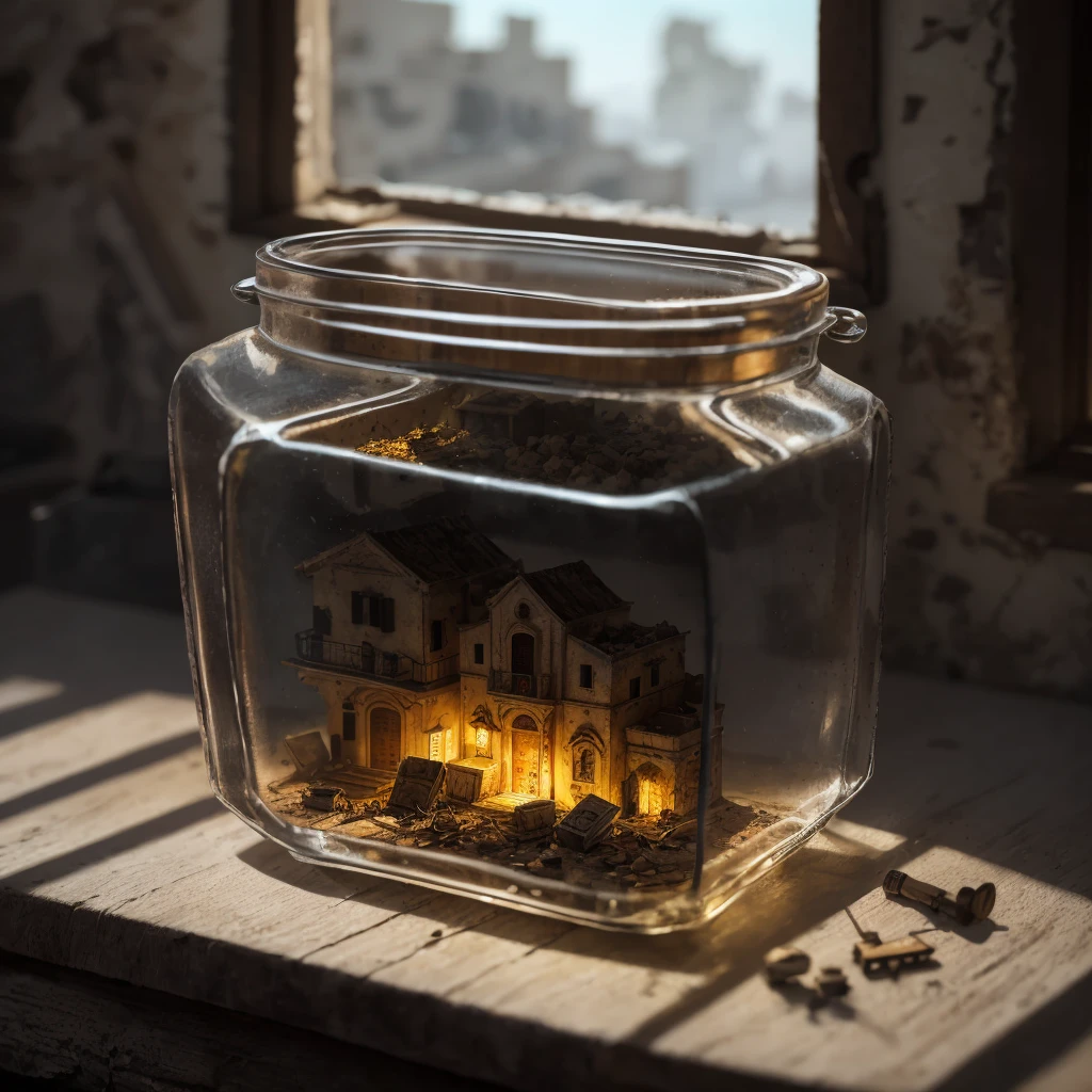 Matera tucked inside a square glass jar with lid, placing on the windowsill, extremely detailed, 8K, apocalyptic punk style, miniatures, macro photography in close-up