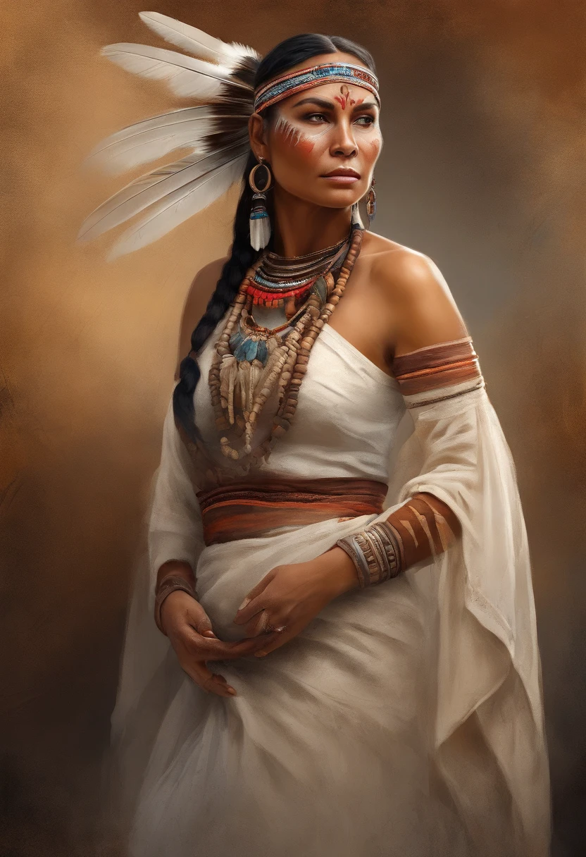Ultra detailed artistic photography, Native American Beautiful Apache Woman, Tee Pee, Clair de lune, Foyer, Plume, sexy, dream-like, rougeoyant, backlit, ombre, huile sur toile, lisse, ultra high def, 8k, Mise au point ultra nette, intricate artwork masterpiece, Tenue fluide, highly detailed, Dynamique, production cinematic character render, ultra high quality model