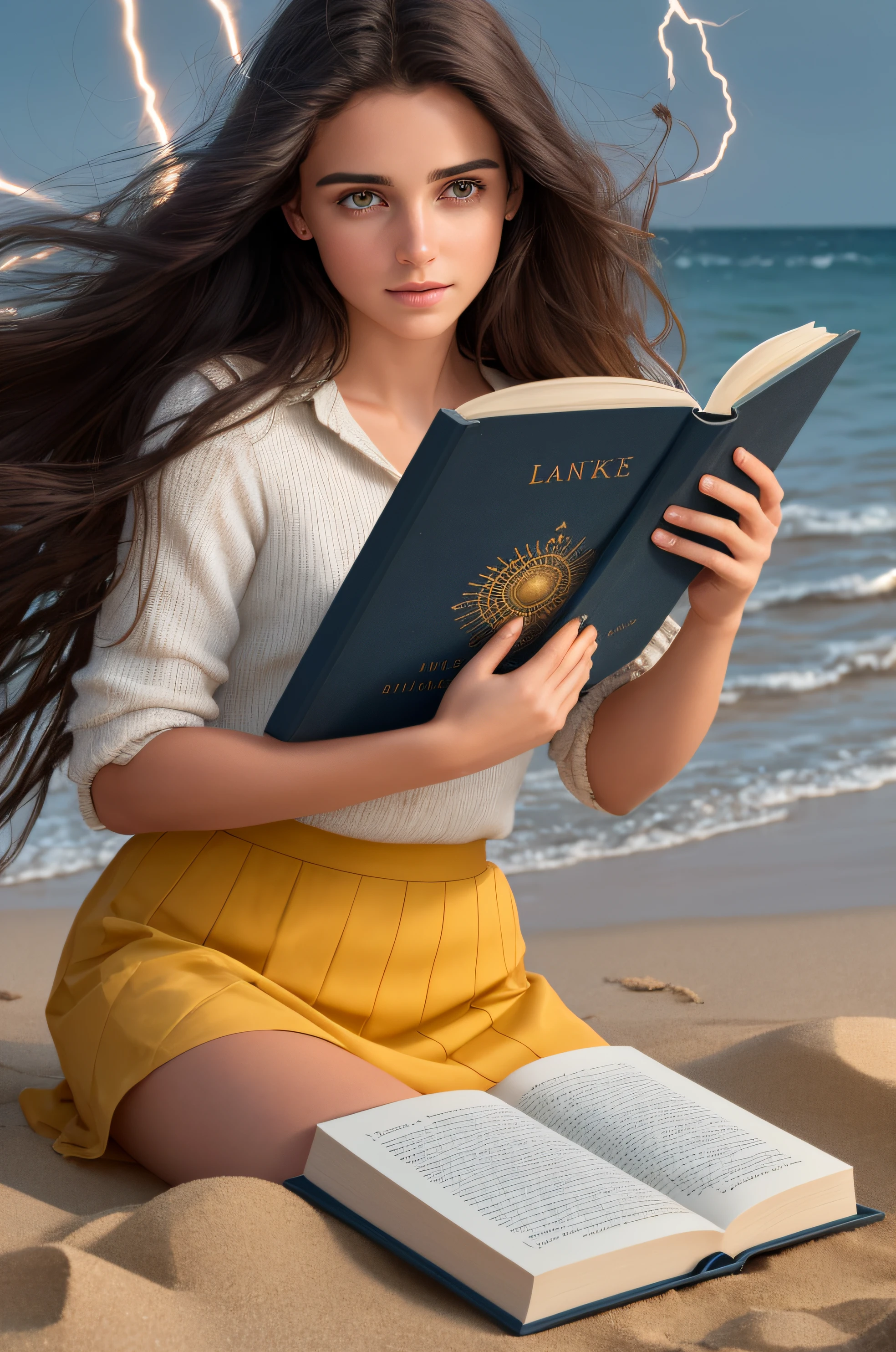 masterpiece of art beauty beautiful girl, realistic girl with long dark hair, kneeling, on the yellow sand in a short skirt ,Brown eyes ,detailes eyes,holds an open book in front of him, and looks at the book , her eyes are focused and open,high skin detail, magic book in antique binding, and a magical glow emanates from the book and magical sparks fly from the book, her face is very surprised and illuminated by the light of the book, her hair is blowing in a strong wind and lightning is behind her, ito'it's getting dark on the beach, Girl in focus, High Quality Detail, 8K resolution image, soft light, mega realistic picture,f/36 mm