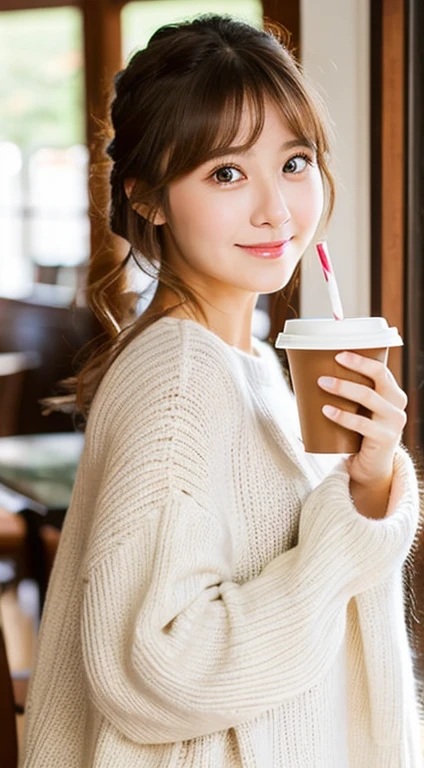 Young girl holding a coffee cup in her right hand in the dining room, Wearing a white sweater, Young cute face, Beautiful Japan girl face, brown hair and big eyes,