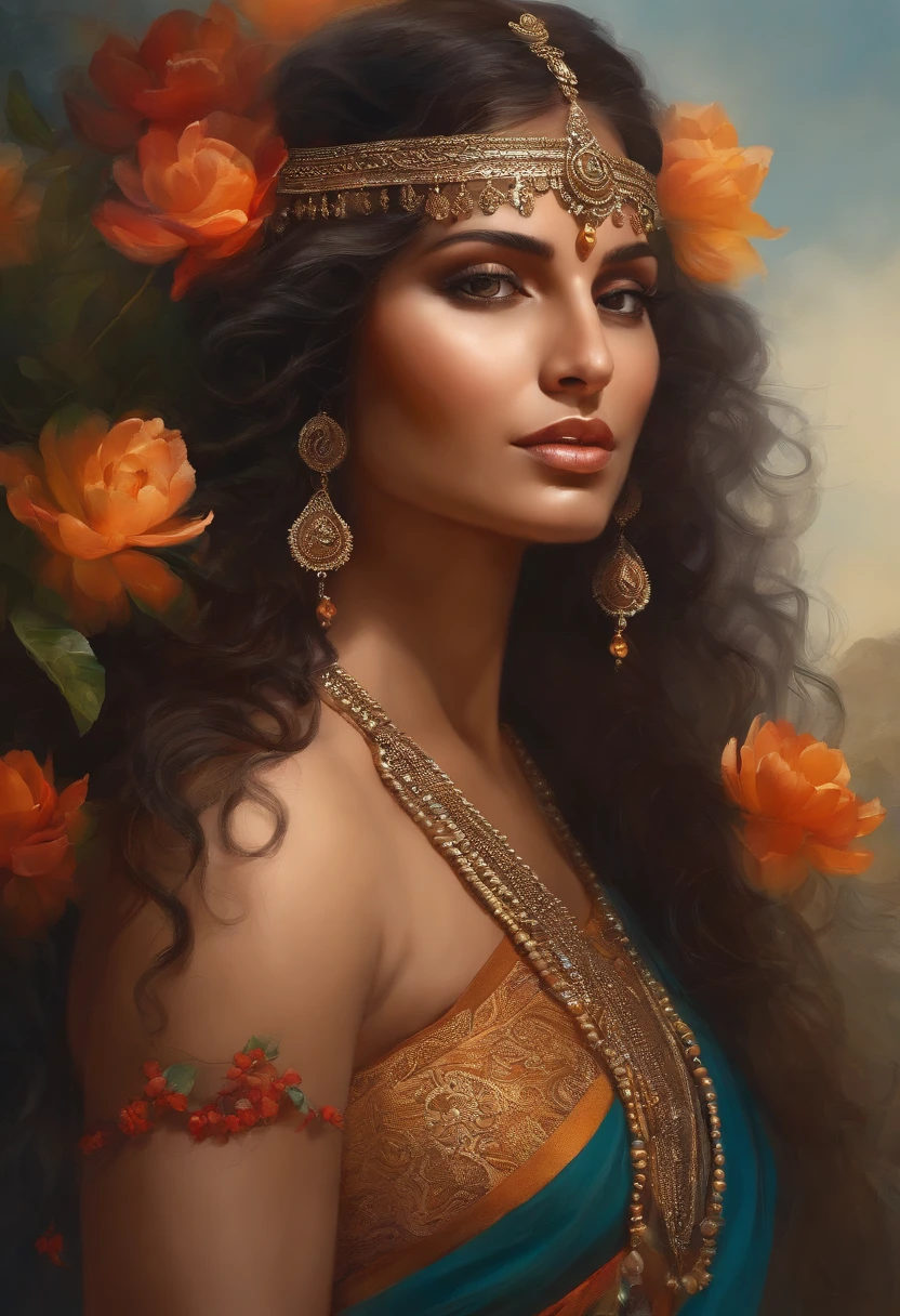 Le style Christophe Young; Portrait complet du corps primé d'une belle femme amérindienne avec tête et coiffure amérindienne, Tenir un arc , éclaboussures de peinture, cheveux soufflant dans le vent, pétales de fleurs, Saule en arrière-plan, distancer, Art numérique, Tendances sur ArtStation, Très détaillé, détail fin, complexe