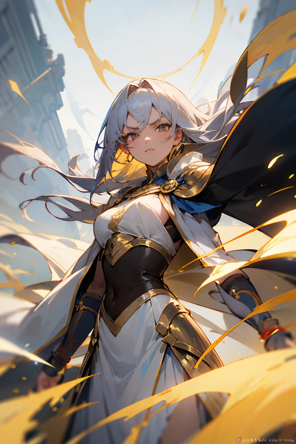 anime style, warrior woman in white warrior dress with golden stripes on the edges, she has golden hair reaching the sholders and silver eyes, with a stoic demeanor of confidence and power, she wears an outer cloak too