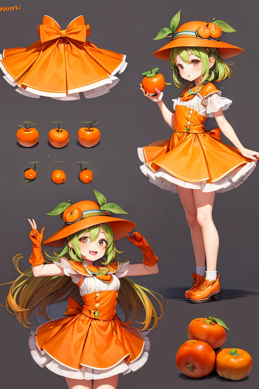A cute and lively girl ip wears a persimmon hat, wears an orange dress, has persimmon elements, wears yellow-green shoes, and holds a persimmon in her hand. Front, side, and back views