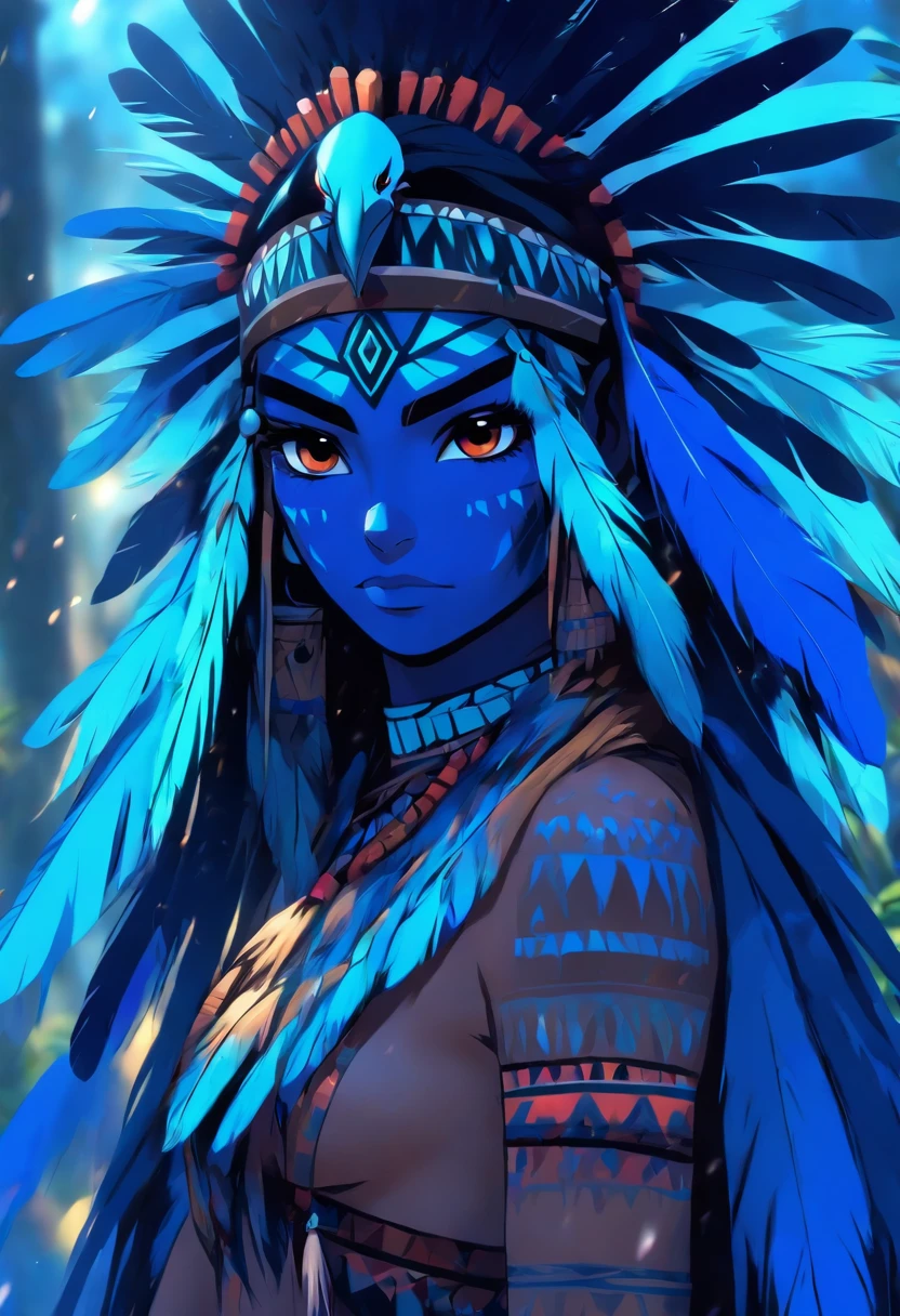 (((Blue Feathered Indigenous Woman))) Best quality, very high resolution, Detailed 4K CGI, Masterpiece, femme, Pluie, Plumes bleues, Amazonia, Brazil, Peuples autochtones, Indigenous Tribes, Indigenous Town, woods, aesthetics, belle image , Screen-centric, corps entier