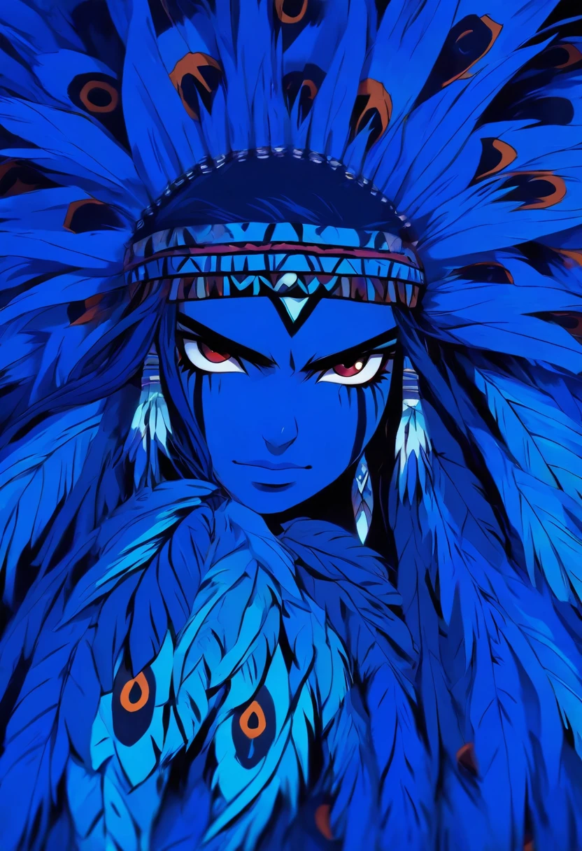 (((Blue Feathered Indigenous Woman))) Best quality, very high resolution, Detailed 4K CGI, Masterpiece, femme, Pluie, Plumes bleues, Amazonia, Brazil, Peuples autochtones, Indigenous Tribes, Indigenous Town, woods, aesthetics, belle image , Screen-centric, corps entier